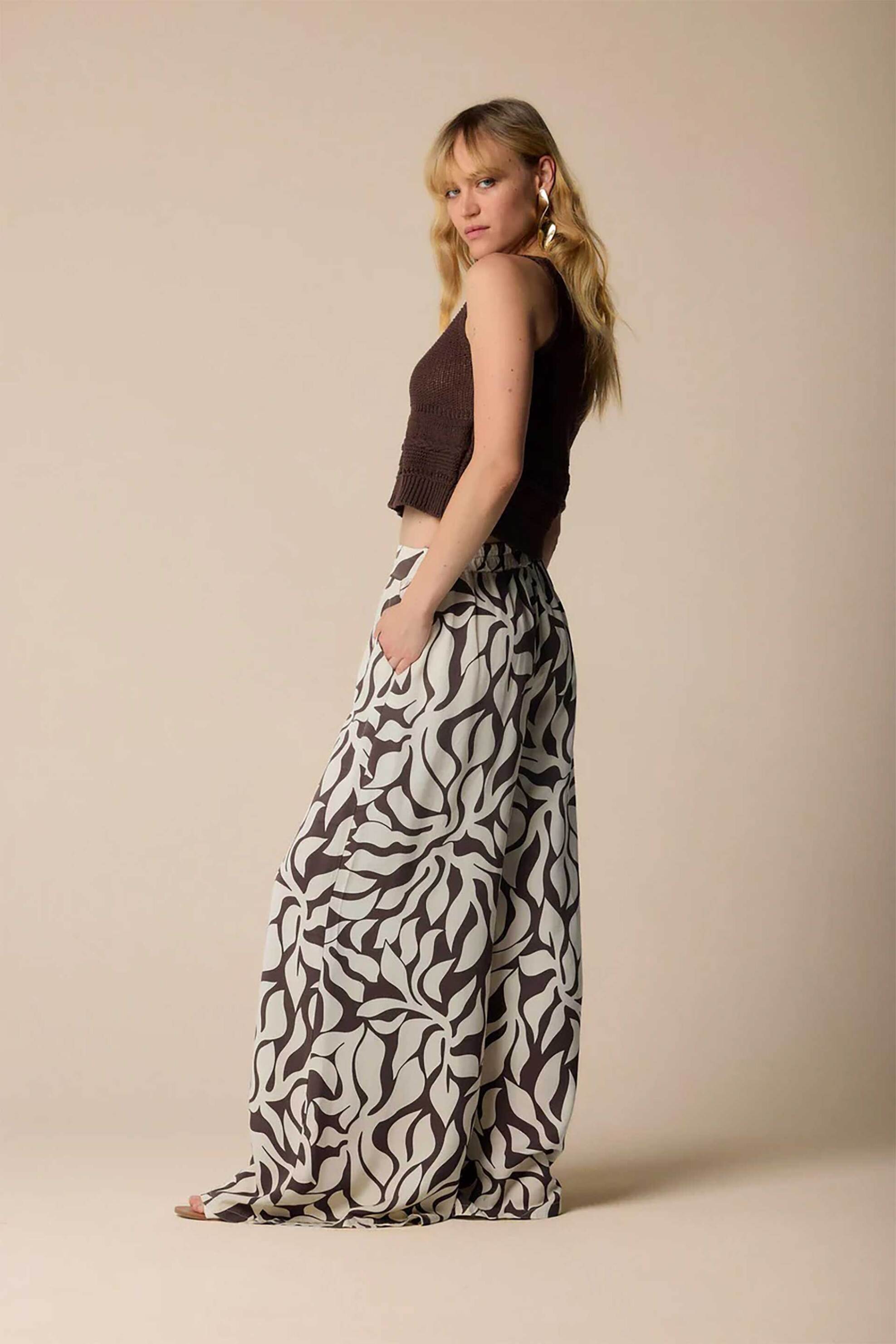 Kocca γυναικείο παντελόνι εμπριμέ Loose fit "Elennys" - P25PPF5894ABFA0000 Καφέ φωτογραφία