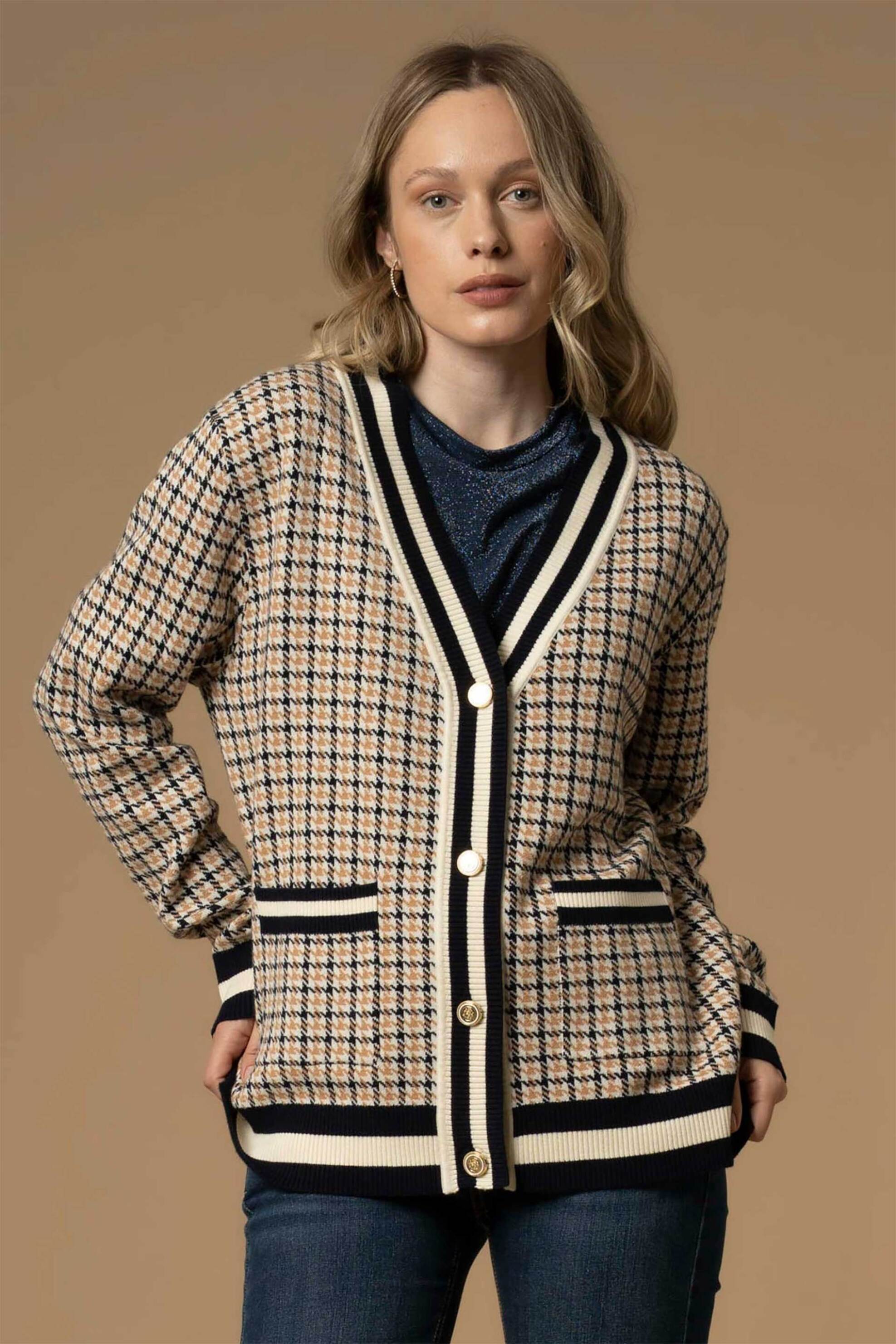 Kocca γυνακεία πλεκτή ζακέτα με houndstooth print "Armanda"