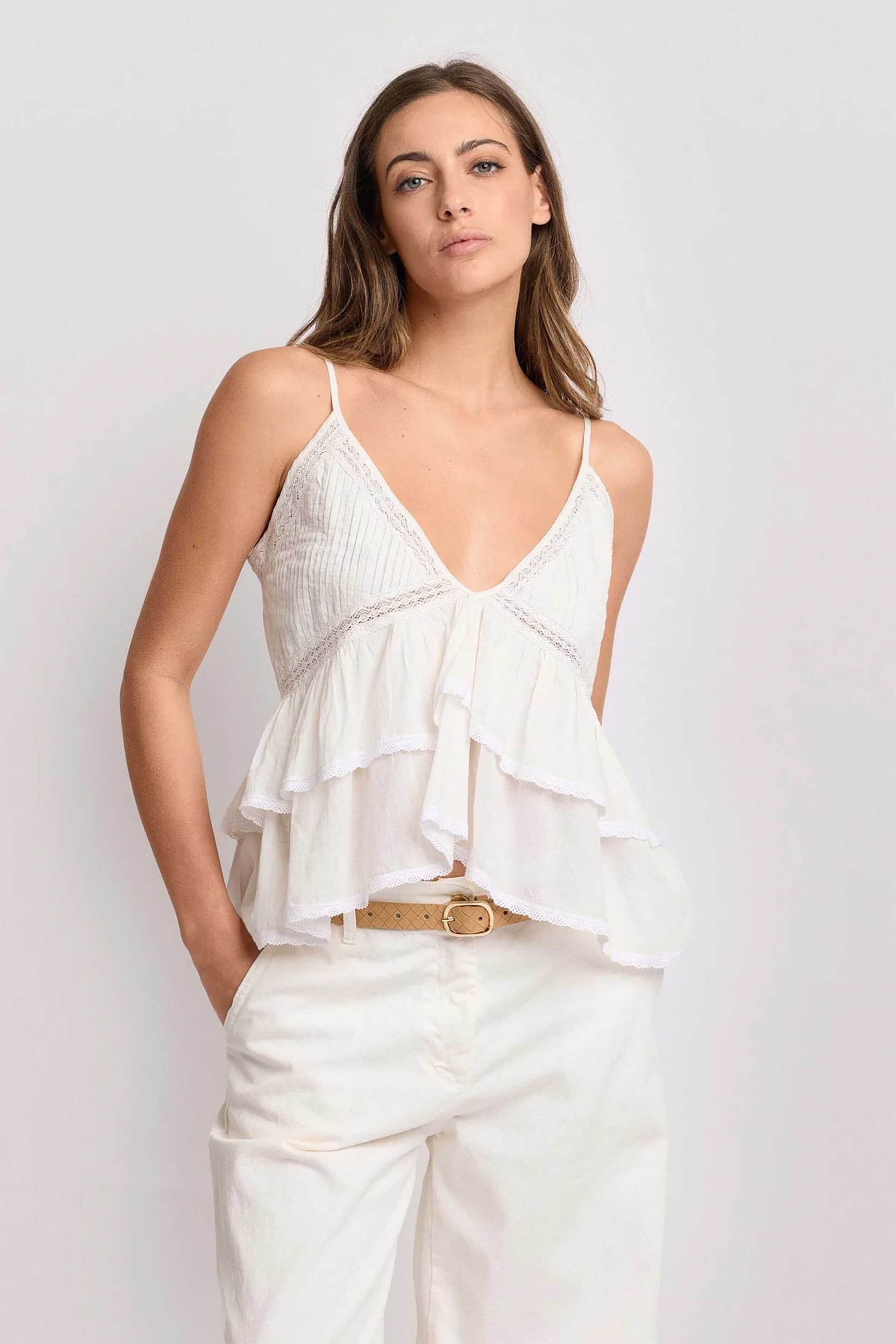 KOCCA Kocca γυναικείο τοπ με βολάν και κεντήματα "Marylvetia" - P26PTP8255ABUN0000 Λευκό