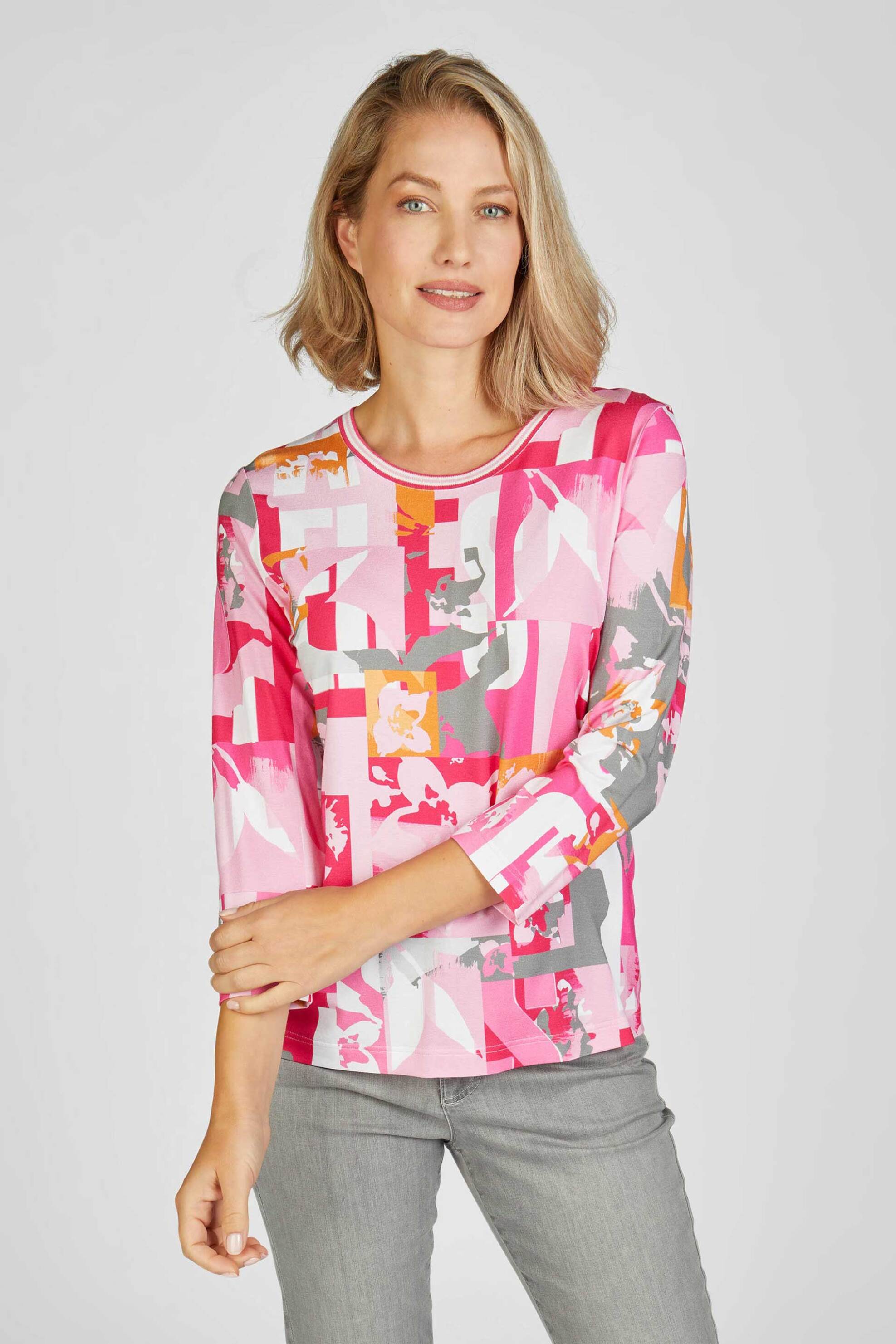 Rabe γυναικεία μπλούζα με all-over πολύχρωμο abstract print και ribbed λαιμόκοψη - 52-113350 Φούξια 9-4879000251|EE7909|44