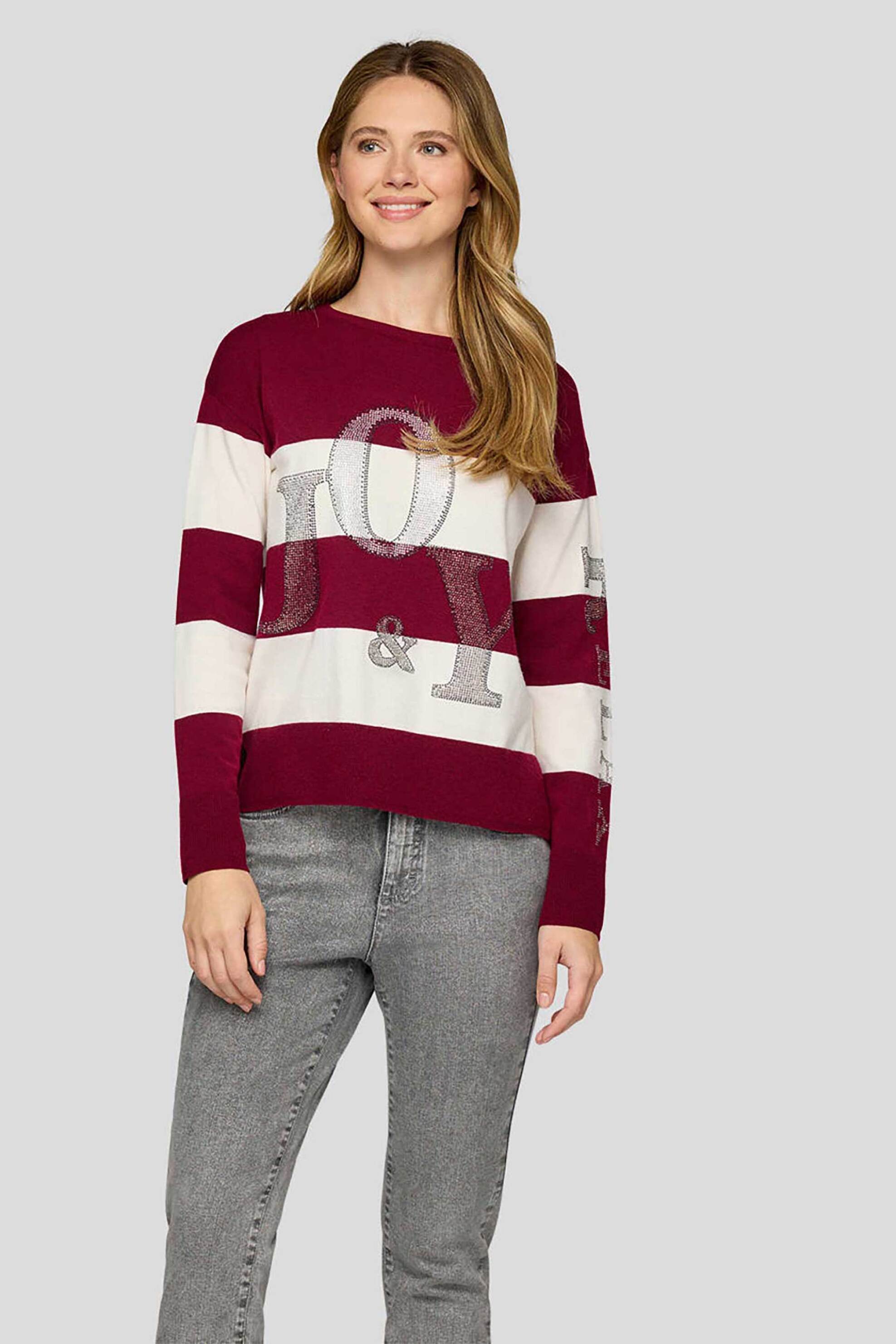 Rabe γυναικείο πουλόβερ με ριγέ σχέδιο και στρας - 55-224612 Λευκό - Κόκκινο