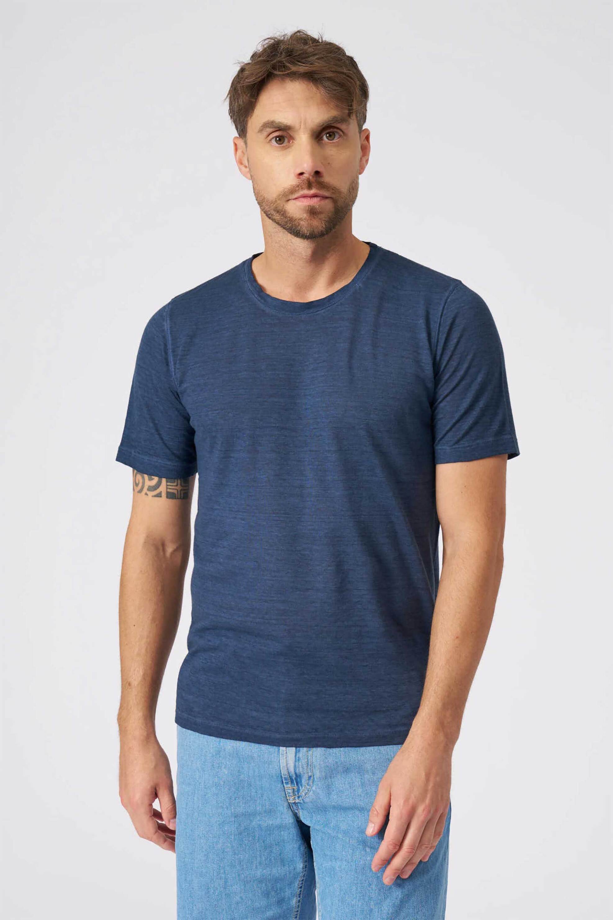 120% LINO 120% Lino ανδρικό T-shirt μονόχρωμο - 32ALIM7186_000G308_S_01 Μπλε Σκούρο