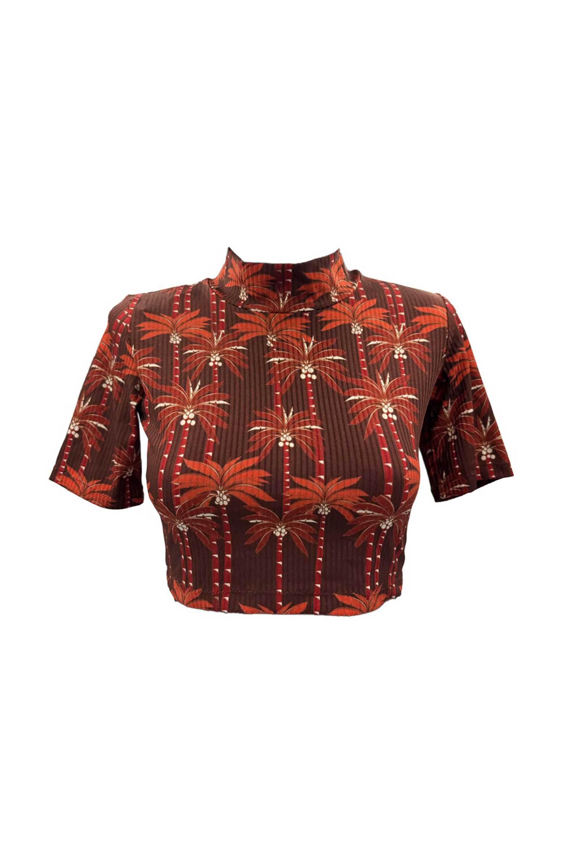 Emma Swimwear γυναικείο T-shirt cropped ribbed με print "Coconut Palms" - EMMA 854 Κεραμιδί φωτογραφία