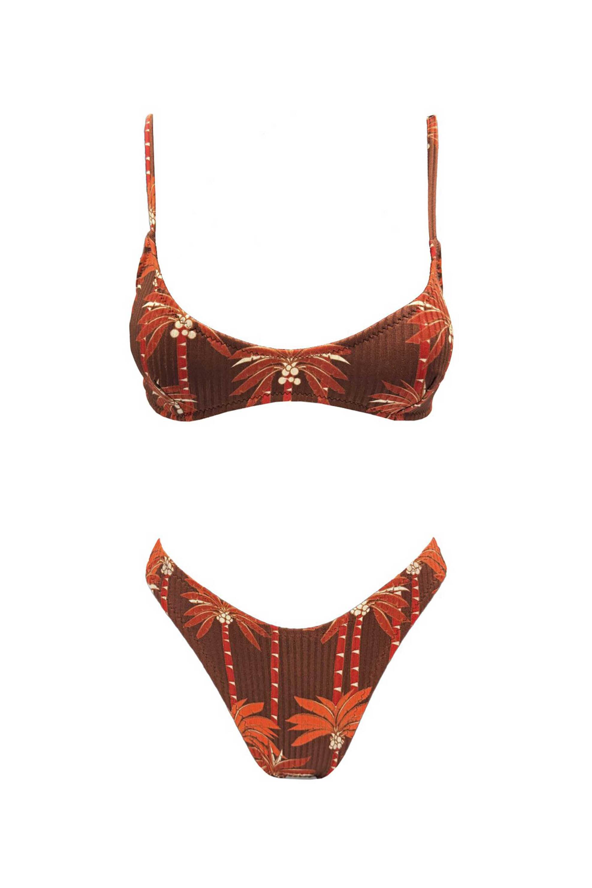 EMMA SWIMWEAR Emma Swimwear σετ γυναικείο μαγιό μπικίνι τοπ scoop και σλιπ ribbed με print "Coconut Palms" - EMMA 855 Κεραμιδί