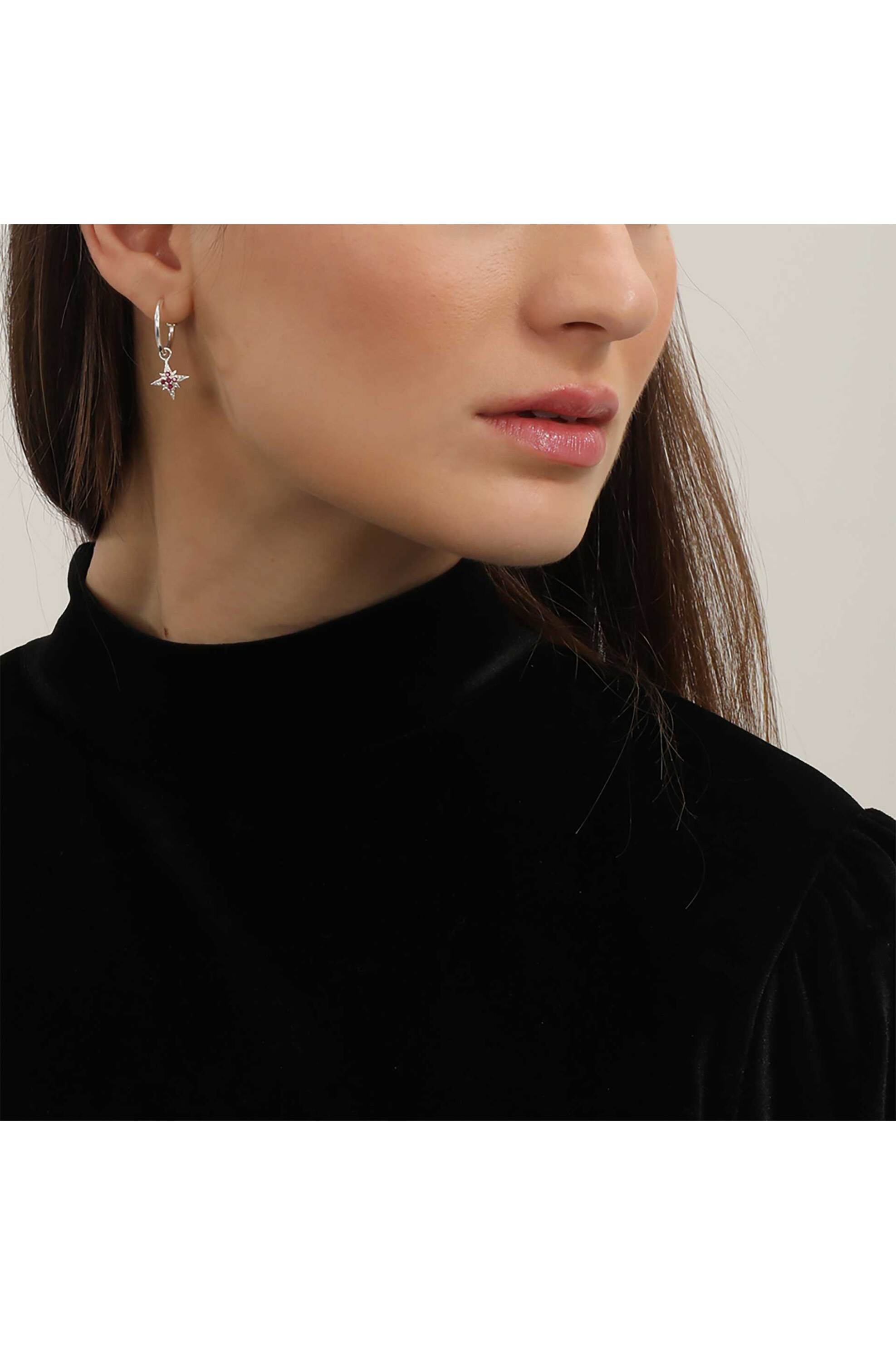 Folli Follie γυναικείοι μικροί ασημένιοι κρίκοι με αστέρι και ματζέντα πέτρες "Astro glow" - 3E23S024D Ασημί φωτογραφία