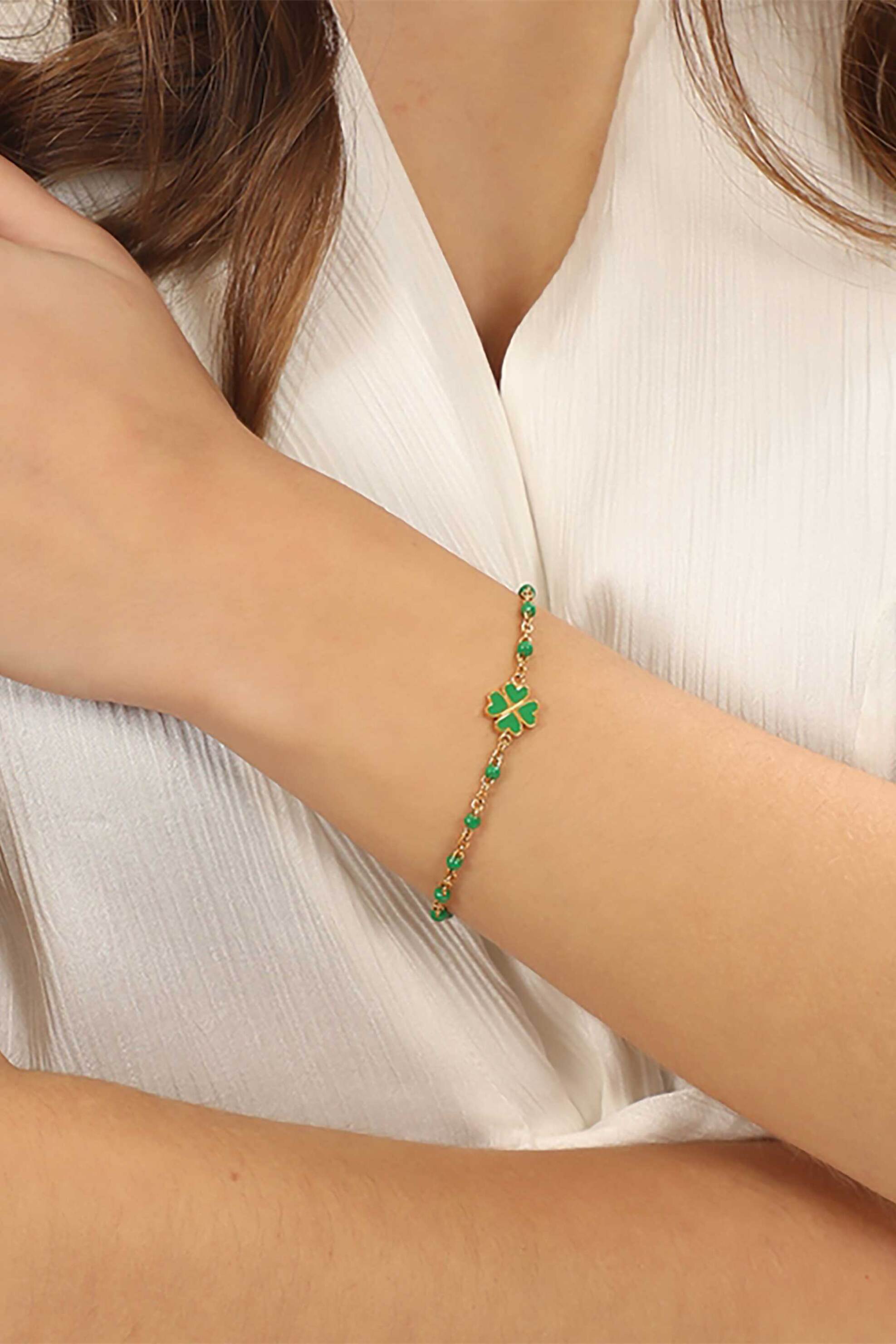 Folli Follie γυναικείο επίχρυσο βραχιόλι αλυσίδα με πράσινο σμάλτο και μοτίφ "Blissful Heart4Heart" - 1B23T065YE Χρυσό φωτογραφία