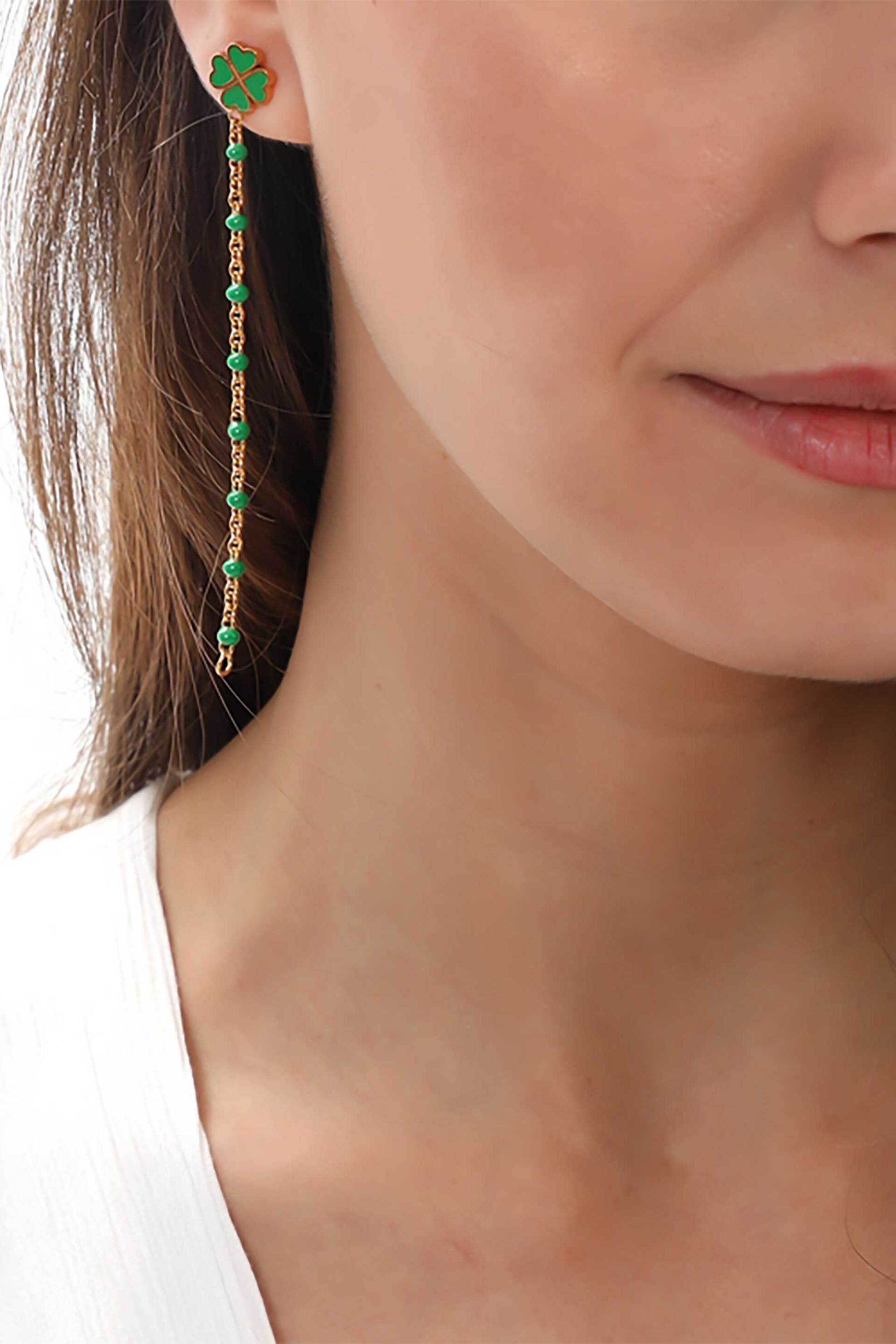 Folli Follie γυναικεία επίχρυσα σκουλαρίκια αλυσίδα με πράσινο σμάλτο "Blissful Heart4Heart" - 1E23T104YE Χρυσό φωτογραφία