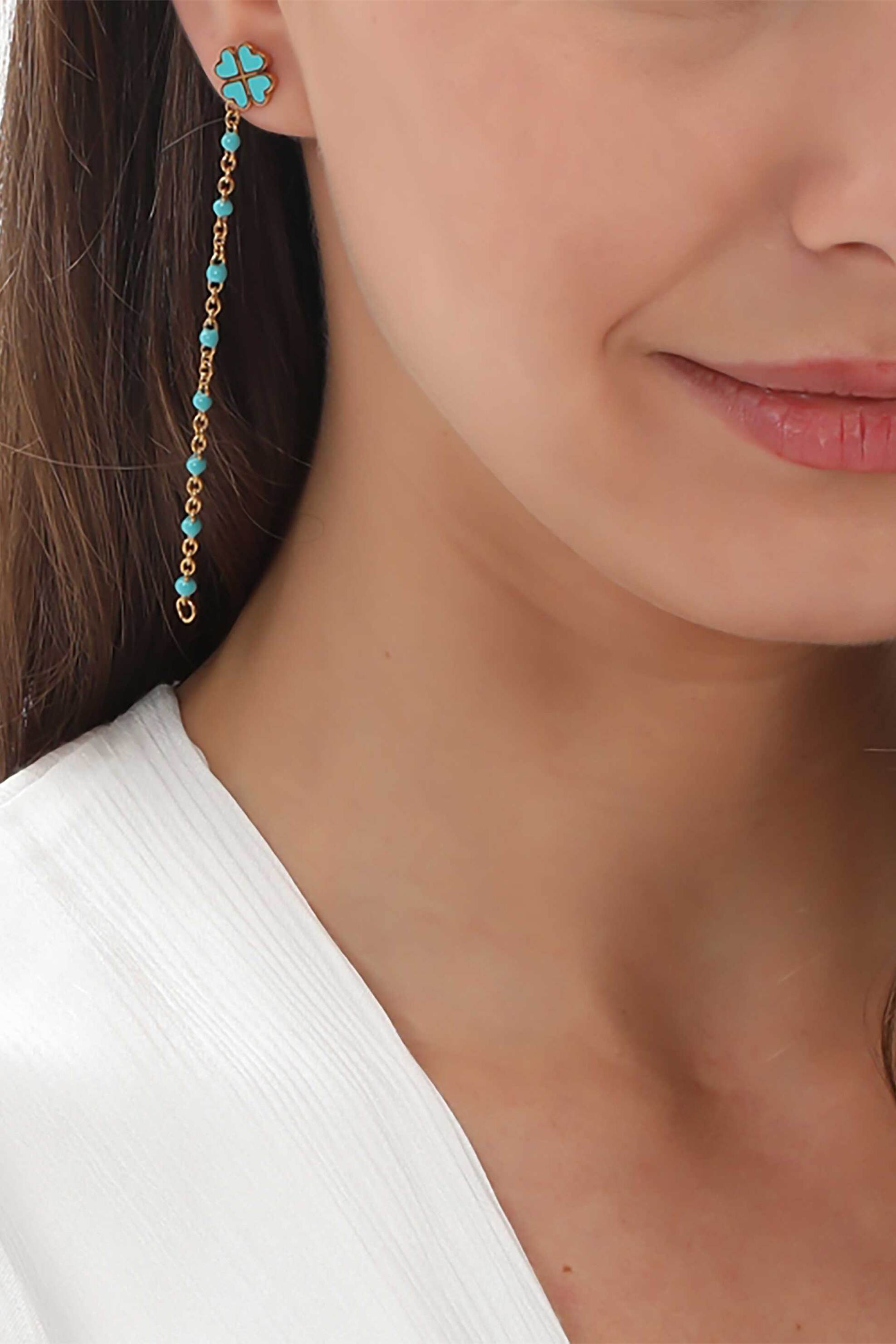 Folli Follie γυναικεία επίχρυσα σκουλαρίκια αλυσίδα με τυρκουάζ σμάλτο "Blissful Heart4Heart" - 1E23T104YT Χρυσό φωτογραφία