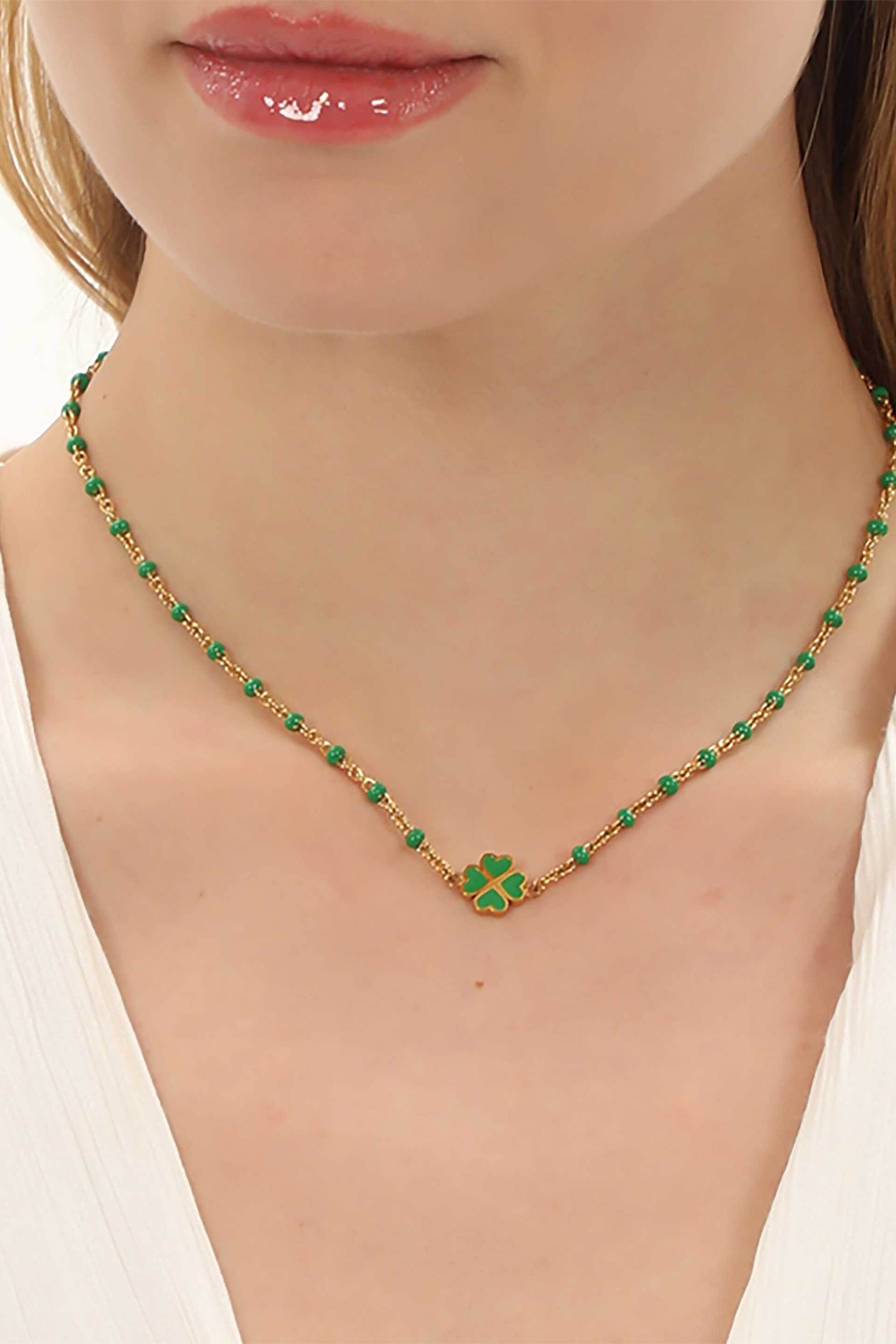 Folli Follie γυναικείο κοντό επίχρυσο κολιέ με πράσινο σμάλτο και μοτίφ "Blissful Heart4Heart" - 1N23T096YE Χρυσό φωτογραφία