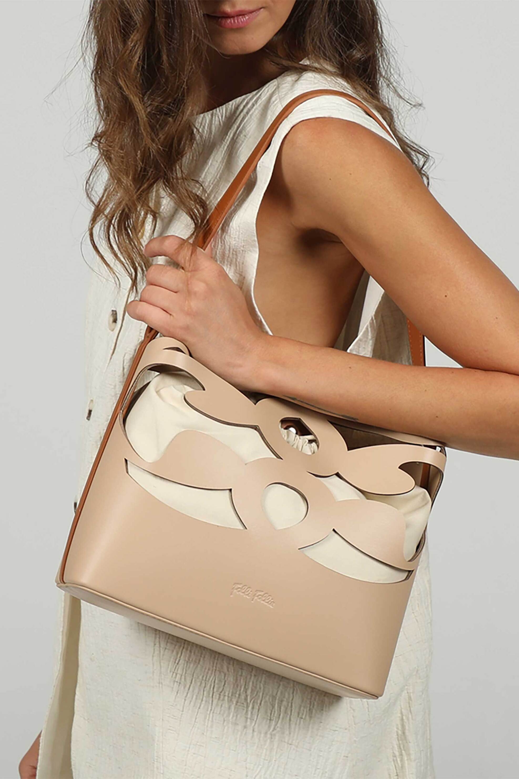 Folli Follie γυναικεία μεσαία μπεζ τσάντα ώμου "Wavy Flair" - BU23P004GN Μπεζ φωτογραφία