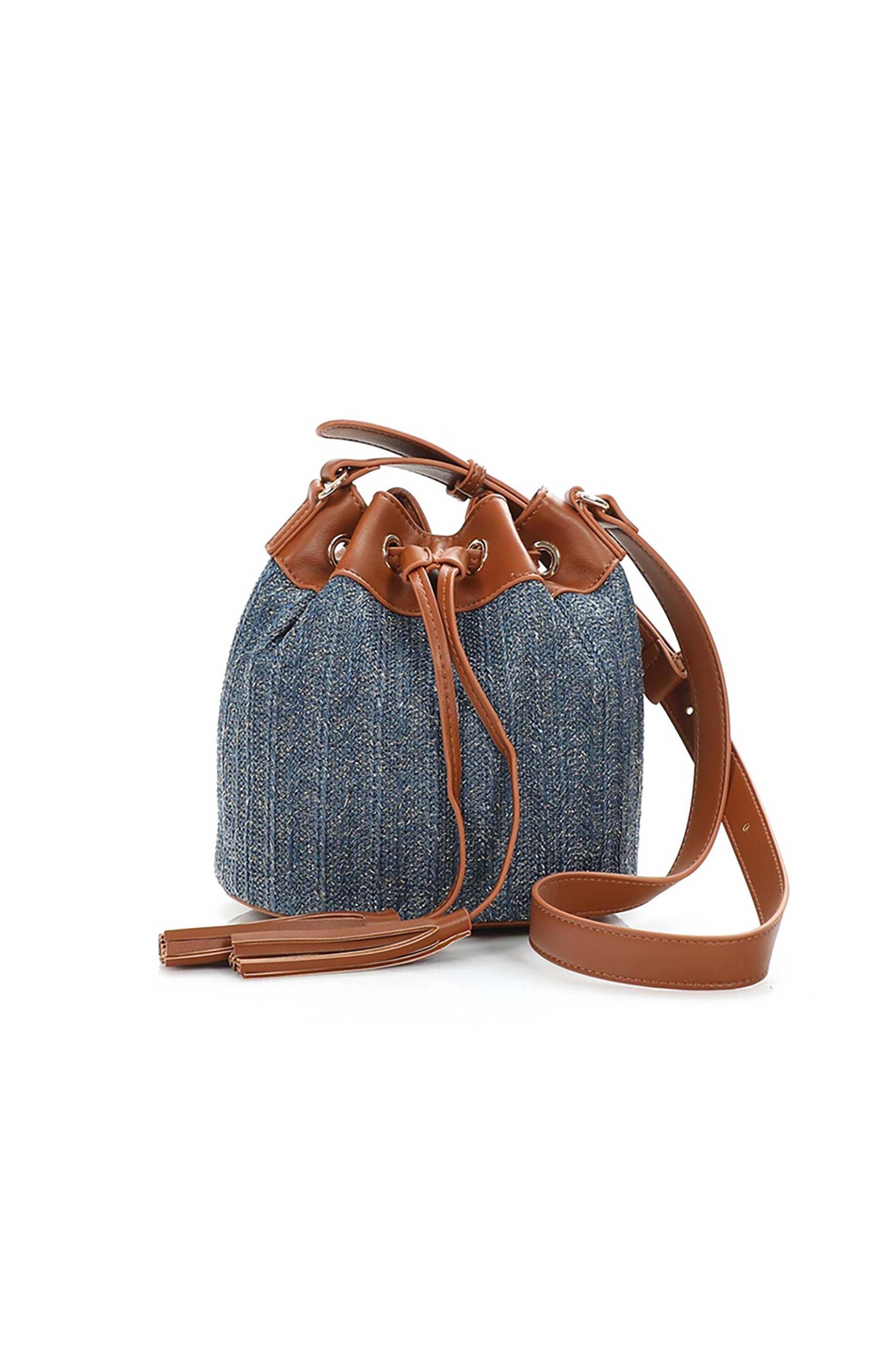 FOLLI FOLLIE Folli Follie γυναικεία μικρή μπλε τσάντα ώμου από raffia "Rustic Illusion" - BU23R003GU Μπλε