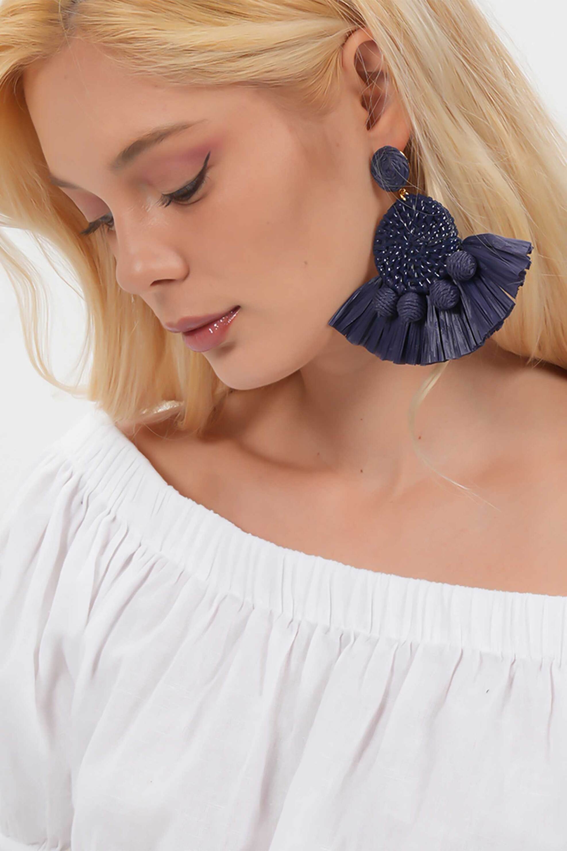 Folli Follie γυναικεία κρεμαστά σκουλαρίκια μπλε raffia σχήμα βεντάλια "Rustic Illusion" - 1E24Z128U Μπλε φωτογραφία