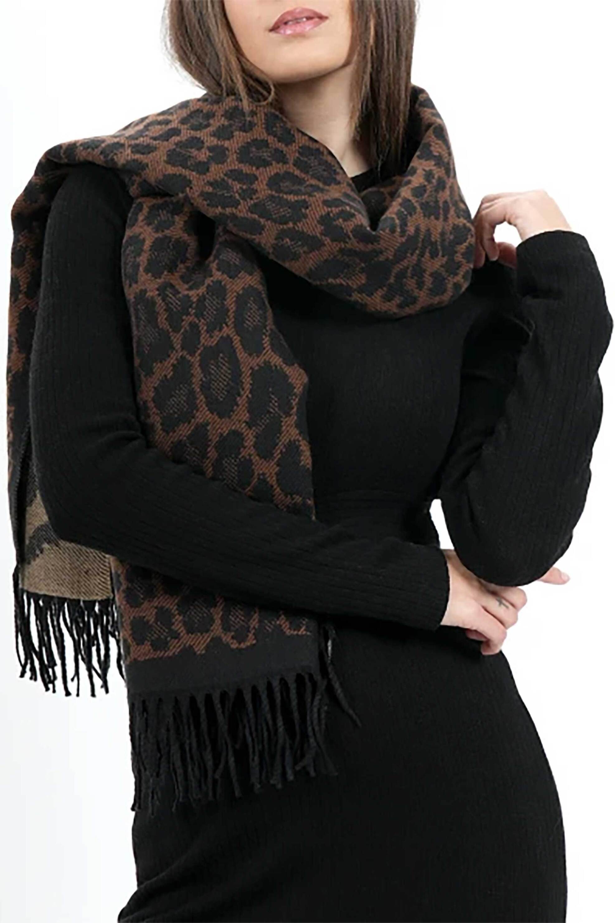 Folli Follie Γυναικείο Φουλάρι με Animal Print - Sf24B022K Καφέ