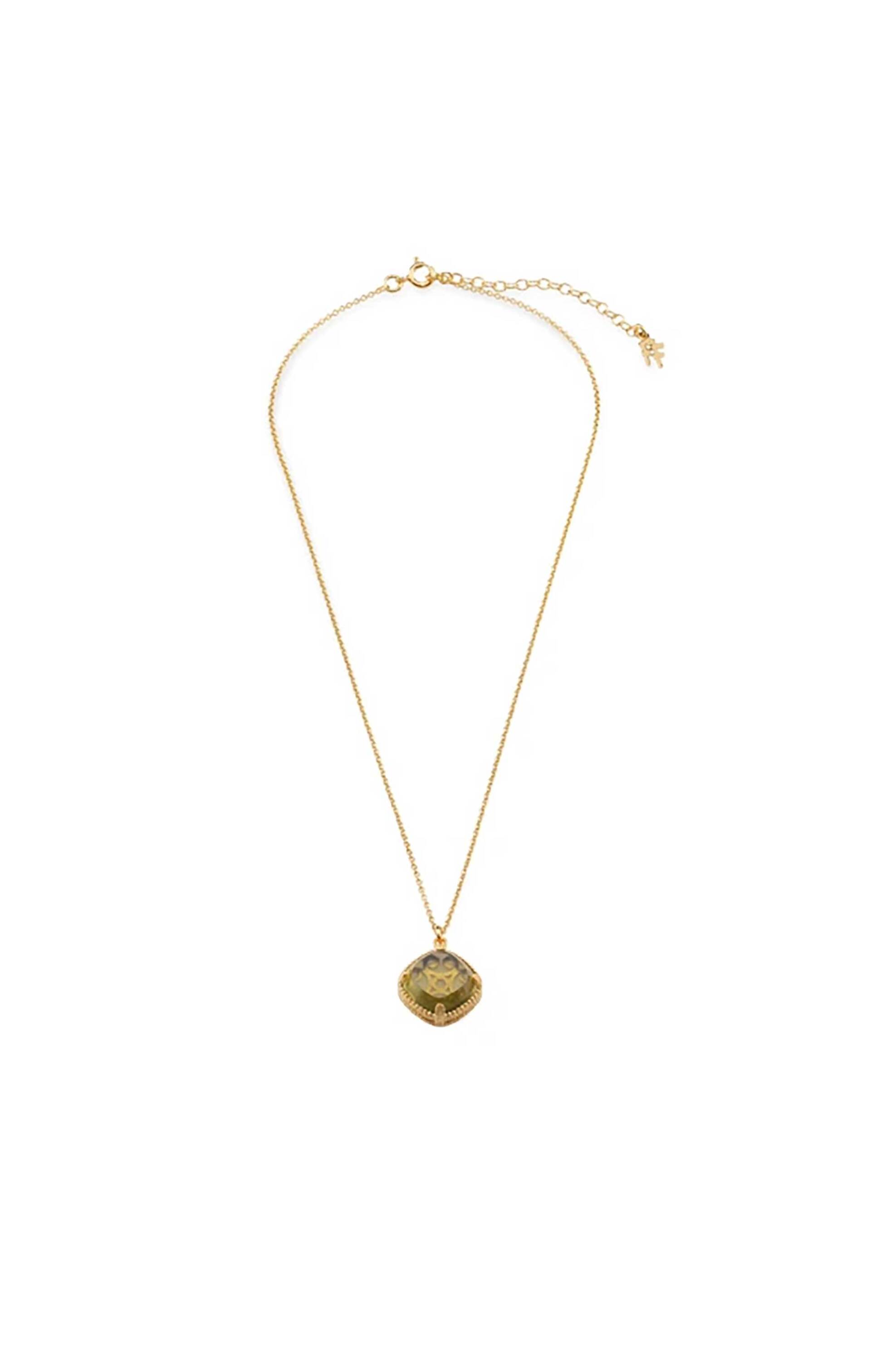 Folli Follie γυναικείο επίχρυσο κολιέ με μεσαία τετράγωνη συνθετική πέτρα "On and On" - 3N24S053YE Πράσινο