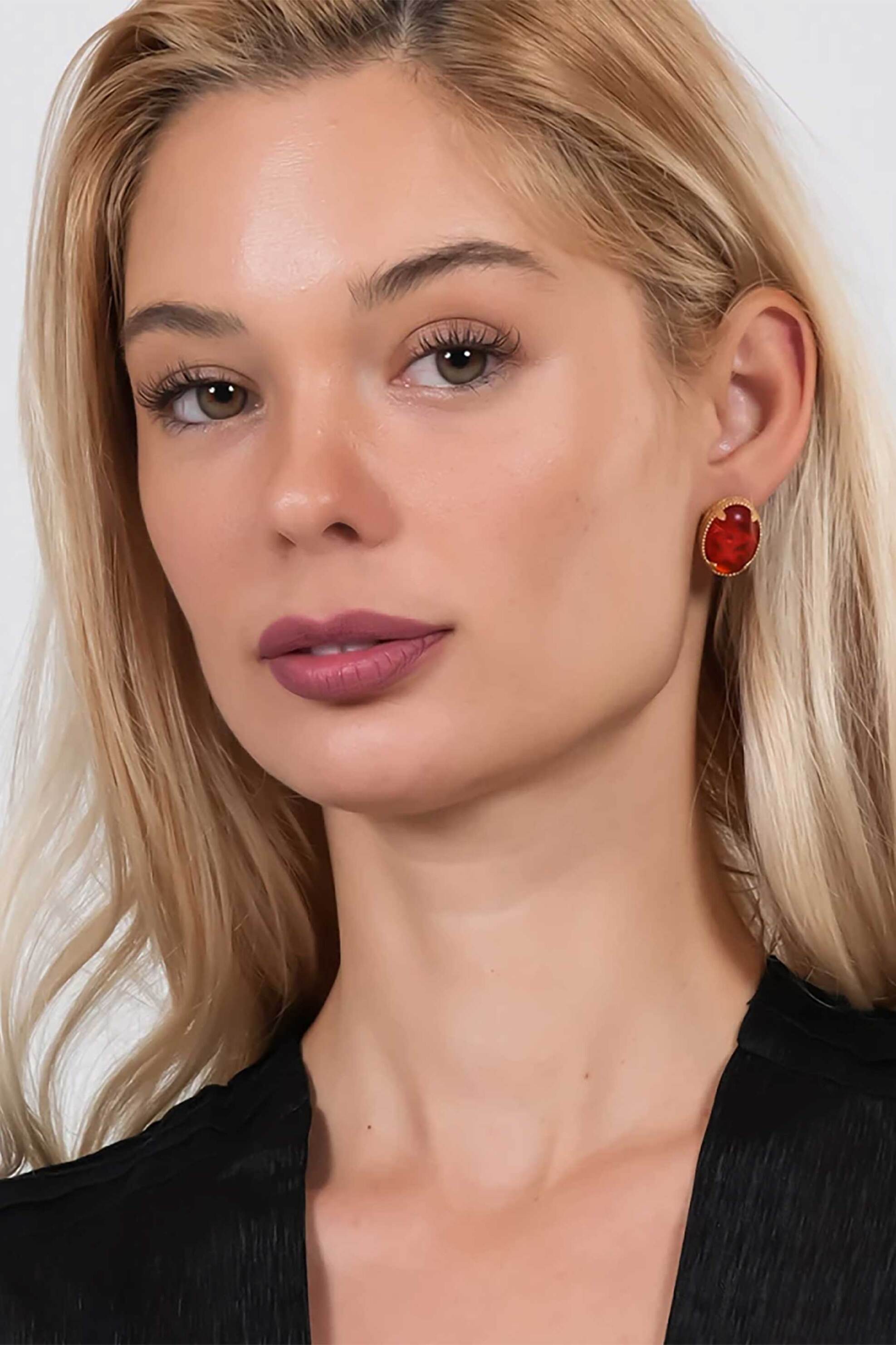 Folli Follie γυναικεία επίχρυσα σκουλαρίκια με συνθετική πέτρα σε οβάλ σχήμα "On and On" - 3E24S054YR Μπορντό φωτογραφία