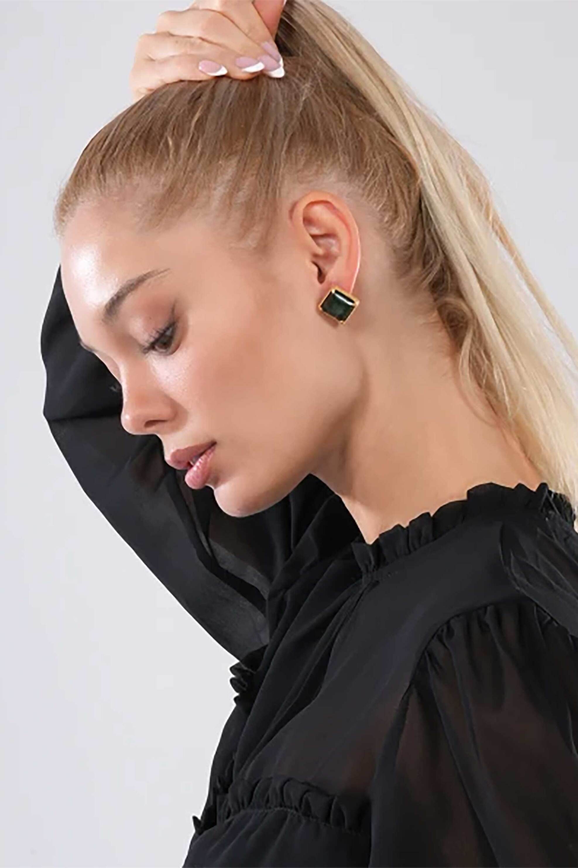 Folli Follie γυναικεία επίχρυσα καρφωτά σκουλαρίκια με μεσαία τετράγωνη συνθετική πέτρα "On and On" - 3E24S058YE Μπλε-Γαλάζιο φωτογραφία