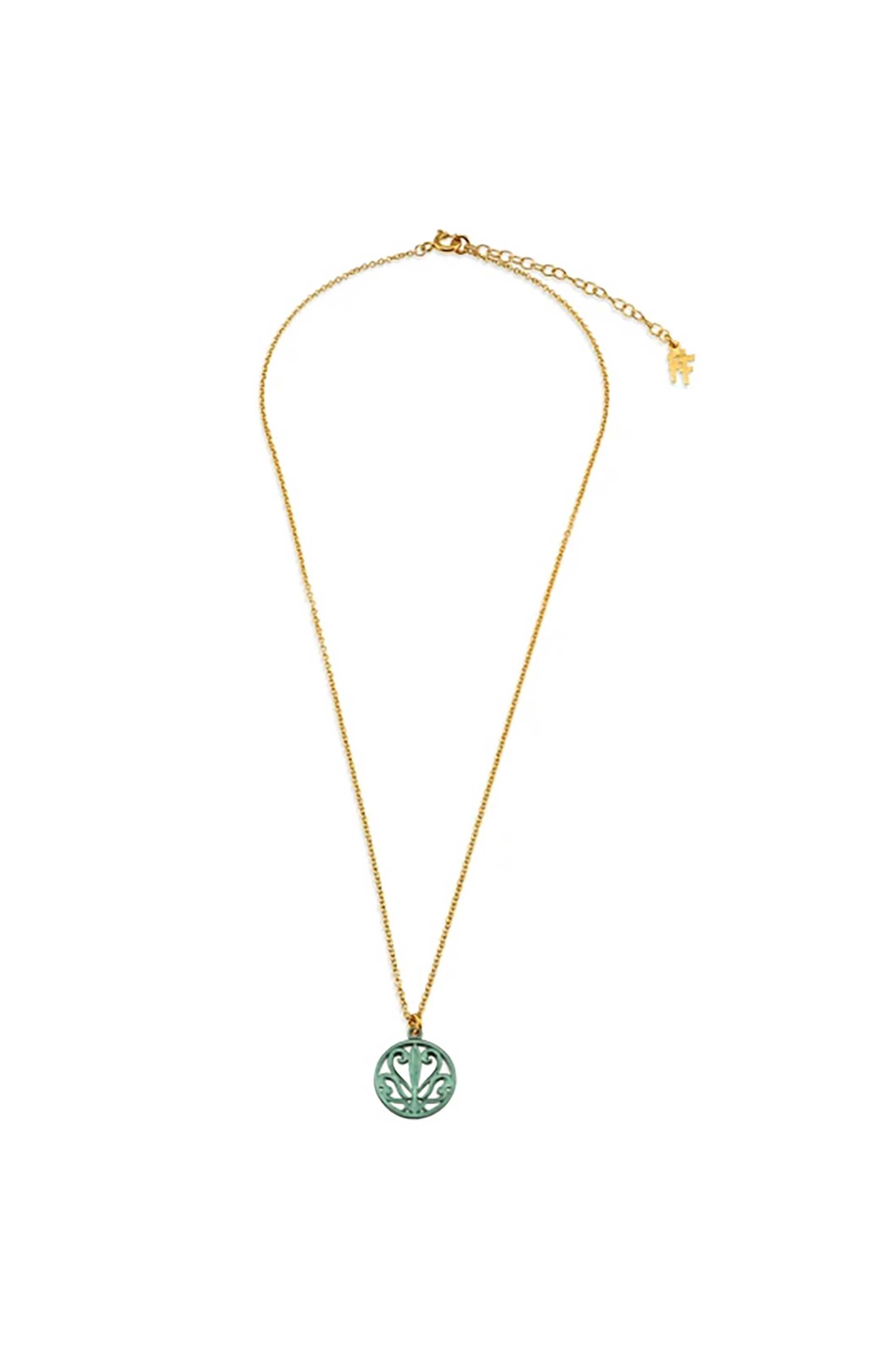 Folli Follie γυναικείο επιχρυσωμένο κολιέ με μοτίφ νόμισμα "Kallos" - 1N25S169YE Πράσινο