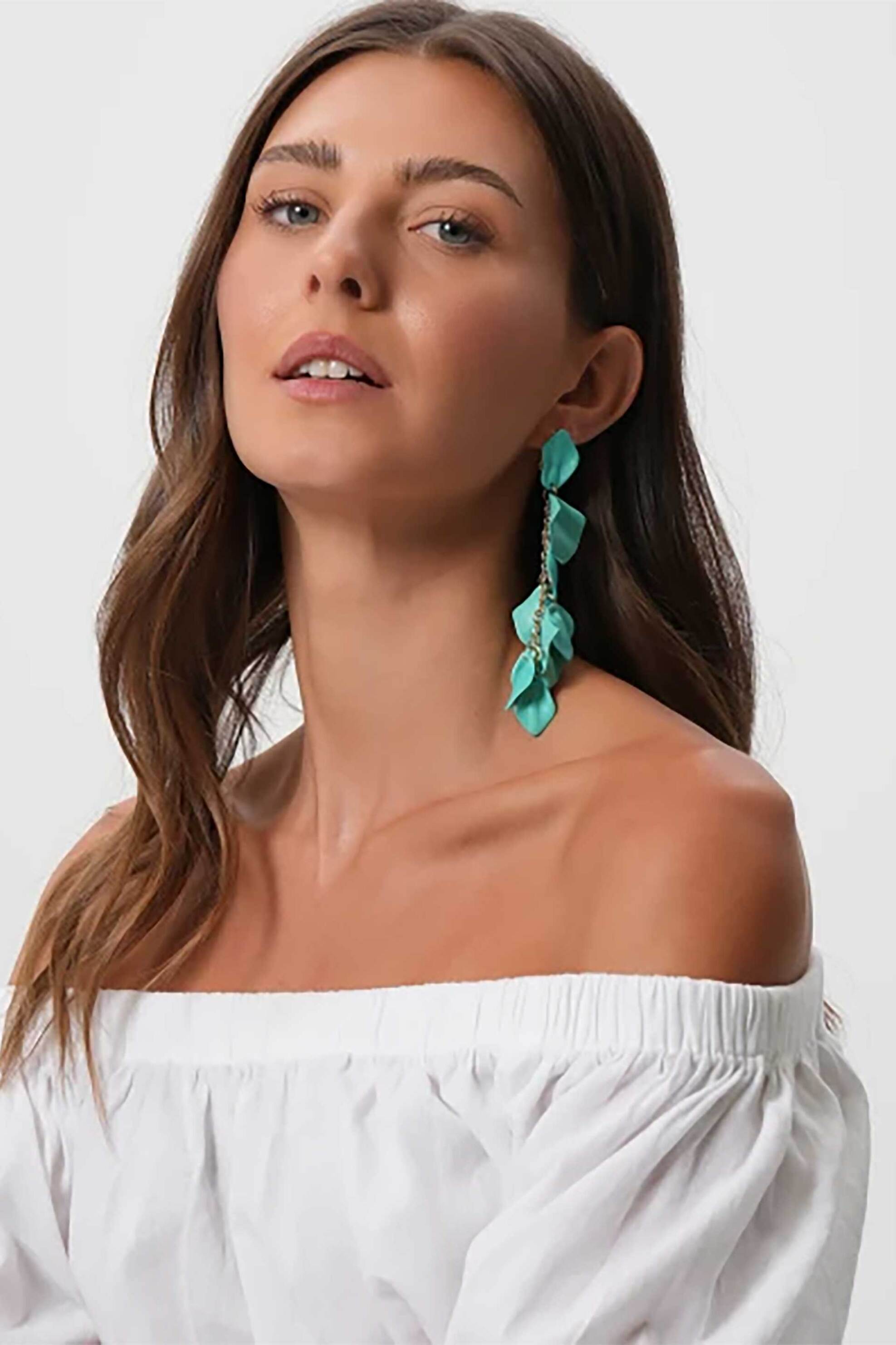 Folli Follie γυναικεία μακριά σκουλαρίκια με τυρκουάζ φύλλα "Impress Me" - 3E24Z027T Τυρκουάζ φωτογραφία