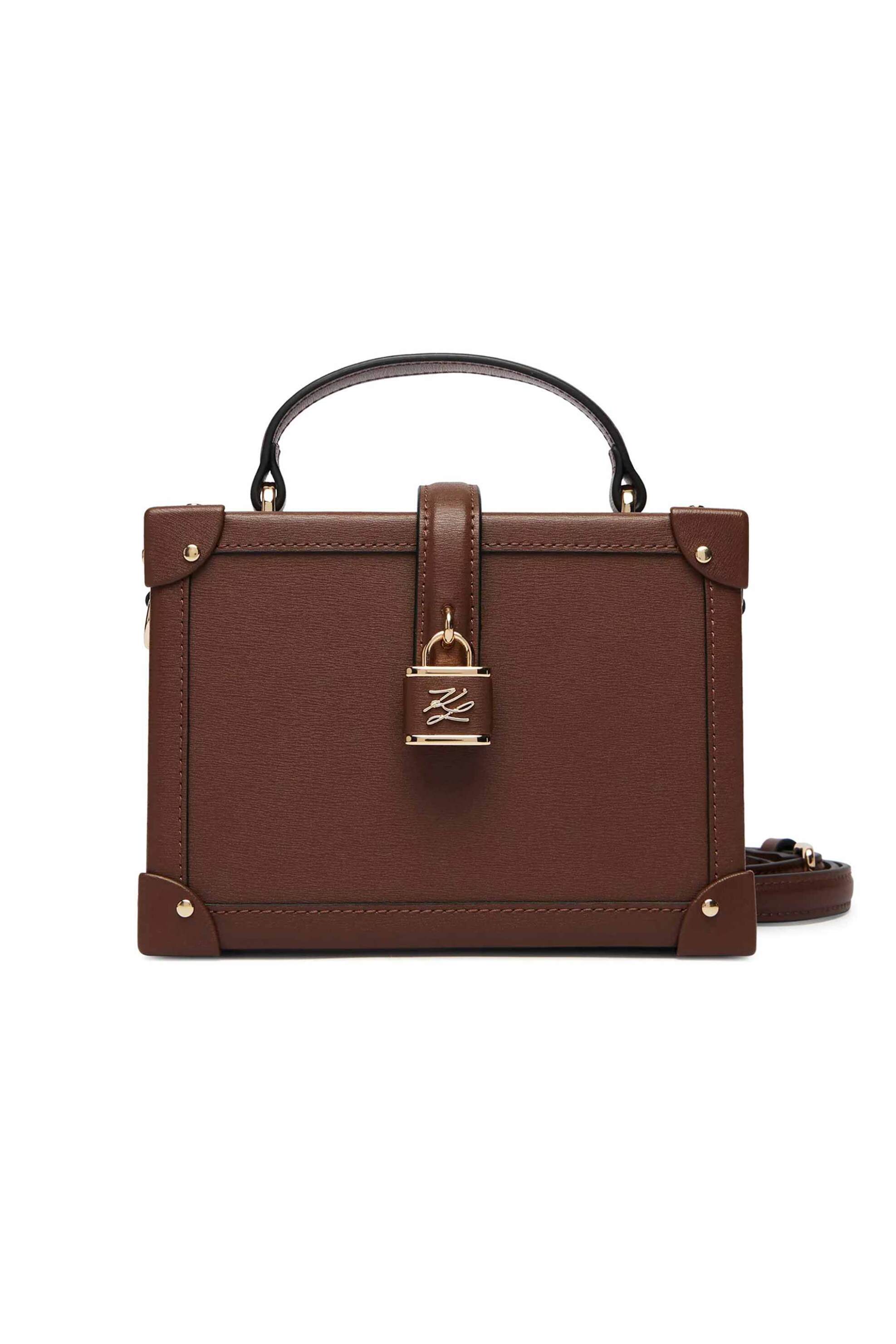 Karl Lagerfeld γυναικεία δερμάτινη τσάντα crossbody "Autograph Padlock Small" - B1W30100 Καφέ
