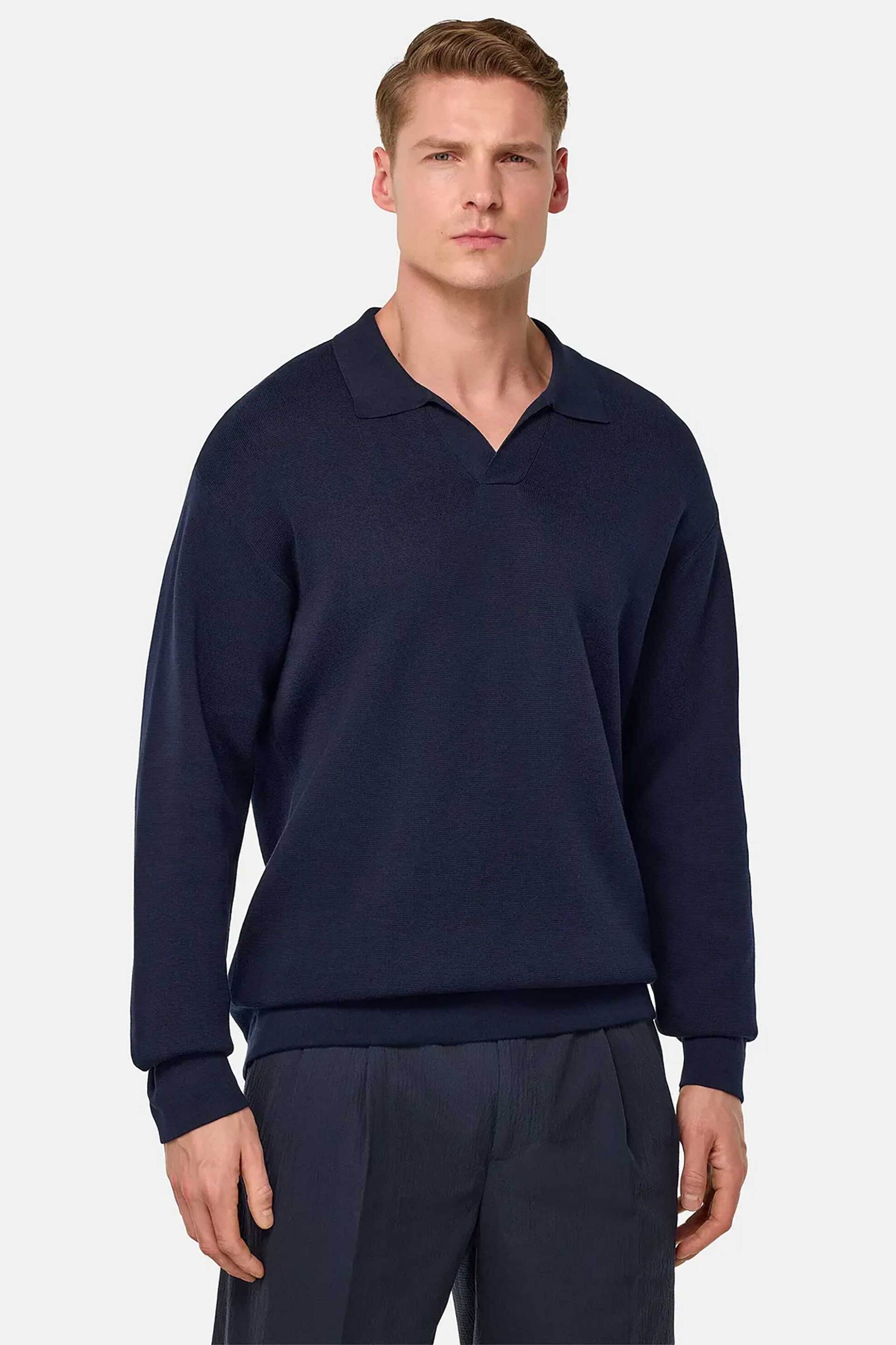 Boggi Milano ανδρική μπλούζα πόλο μονόχρωμη Relaxed Fit - BO25P022401 Μπλε Σκούρο