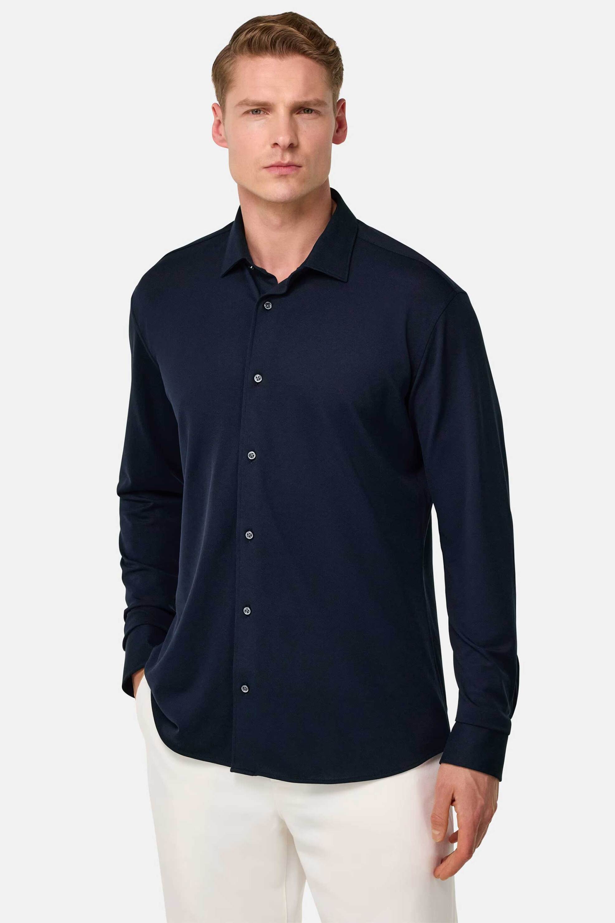 Boggi Milano ανδρικό πουκάμισο πικέ μονόχρωμο Regular Fit - BO25P003402 Μπλε Σκούρο
