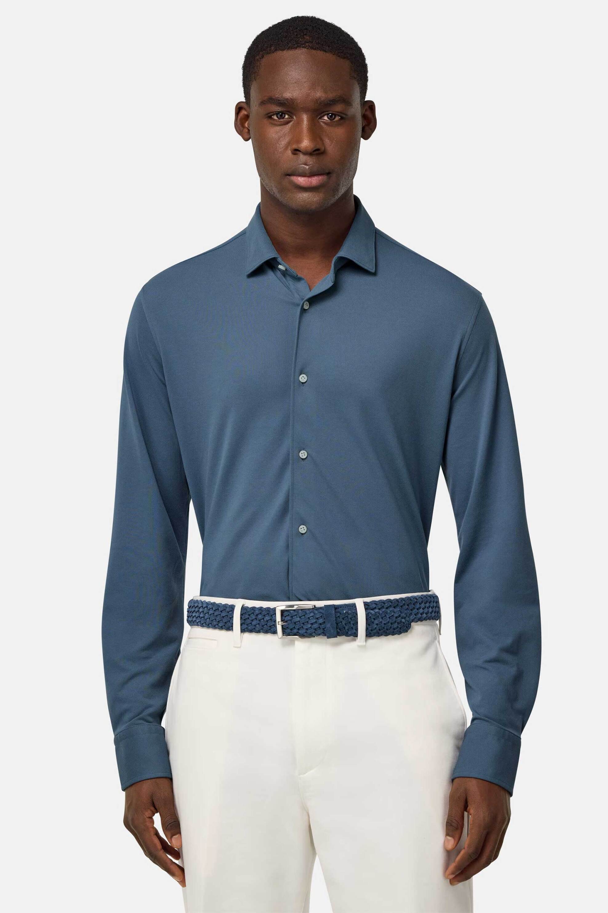 Boggi Milano ανδρικό πουκάμισο πικέ μονόχρωμο Regular Fit - BO25P003407 Μπλε