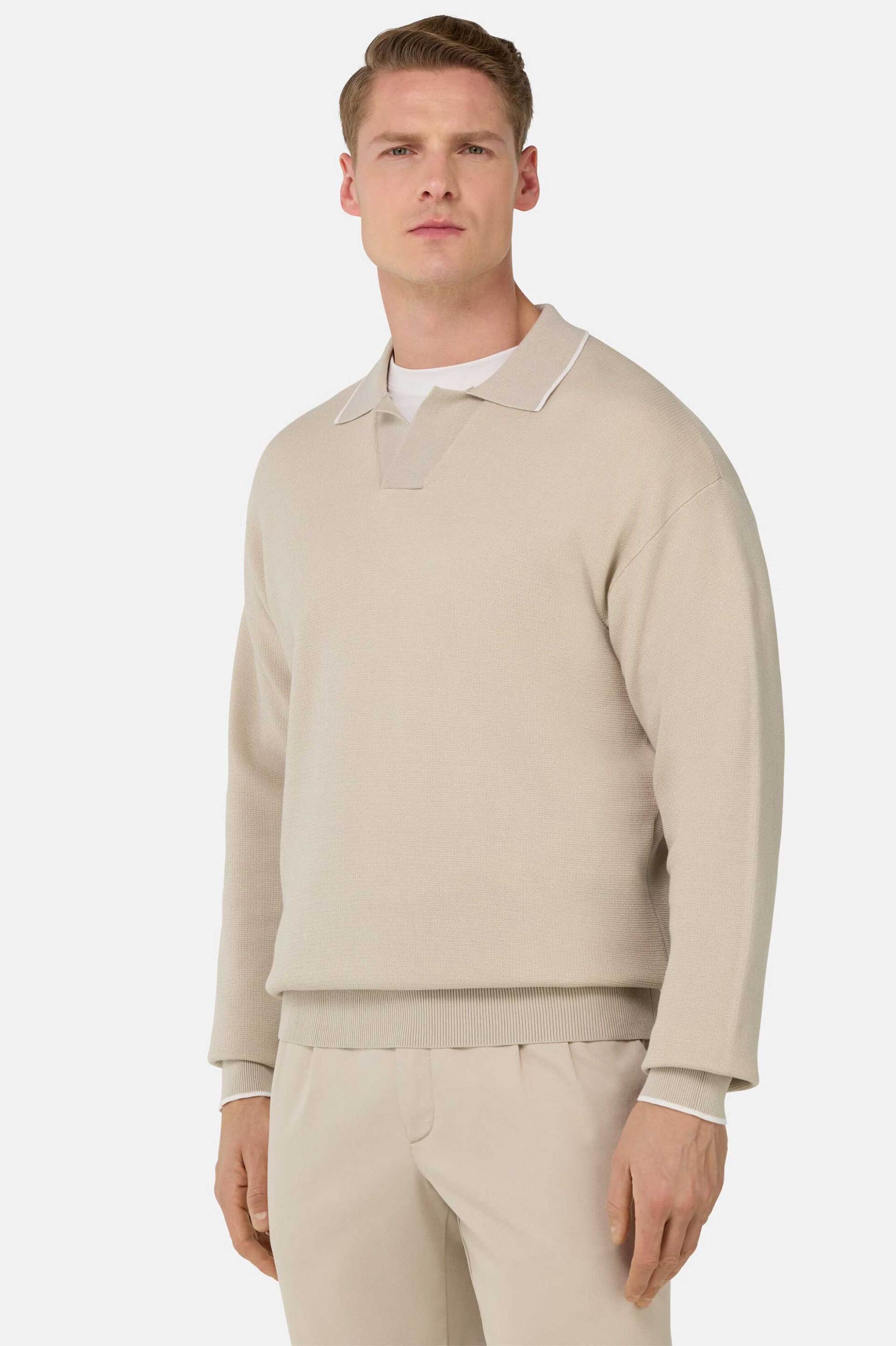 Boggi Milano ανδρική πλεκτή μπλούζα πόλο μονόχρωμη Regular Fit - BO25P036401 Μπεζ