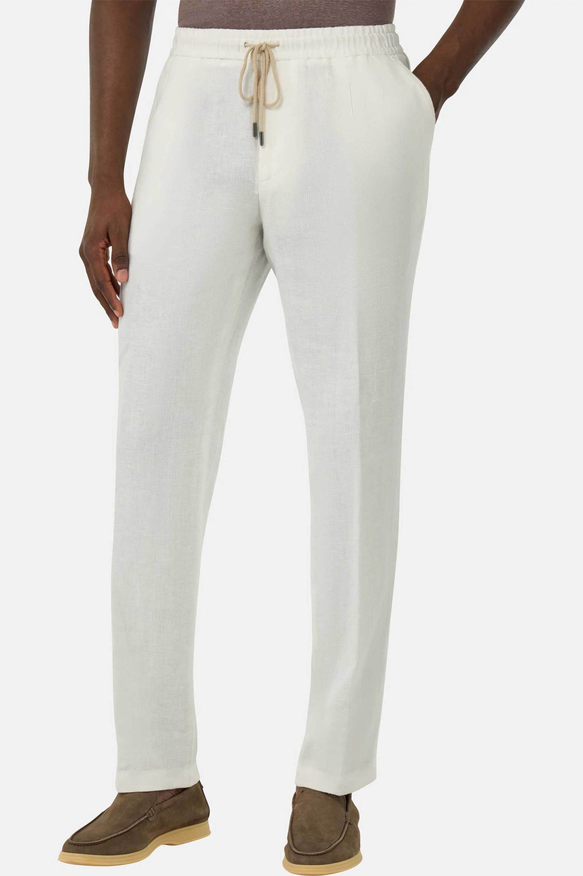 Boggi Milano ανδρικό λινό παντελόνι με ελαστική μέση Tapered Fit - BO25P034702 Λευκό φωτογραφία