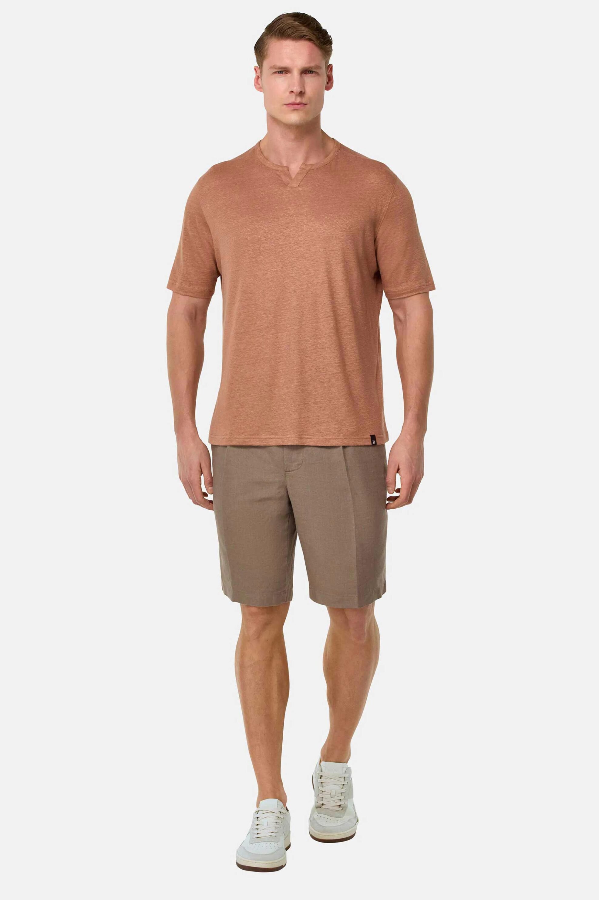 Boggi Milano ανδρική λινή βερμούδα μονόχρωμη Regular Fit - BO25P035903 Καφέ Ανοιχτό