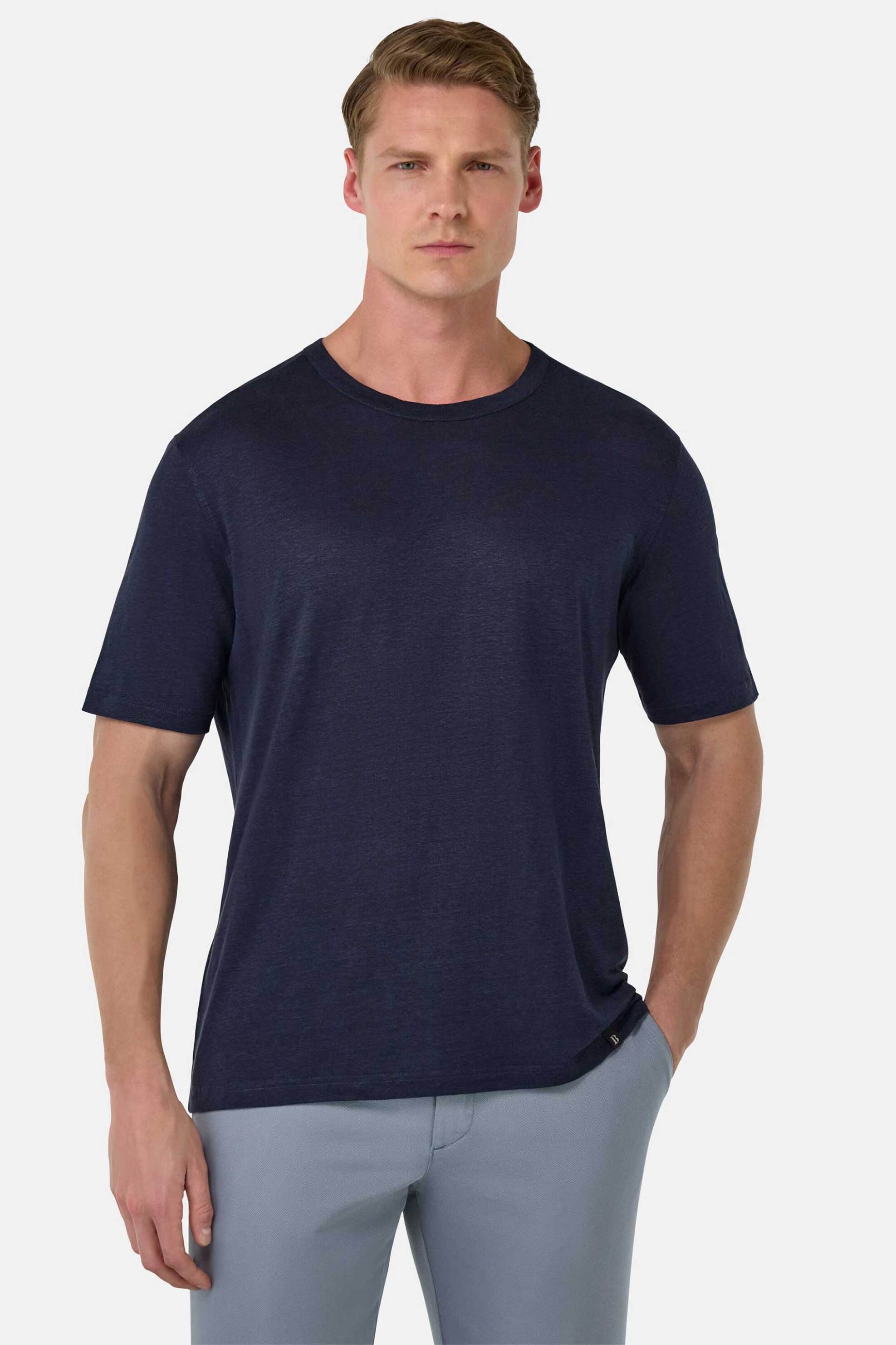 Boggi Milano ανδρικό λινό T-shirt μονόχρωμο Regular Fit - BO25P034902 Μπλε Σκούρο