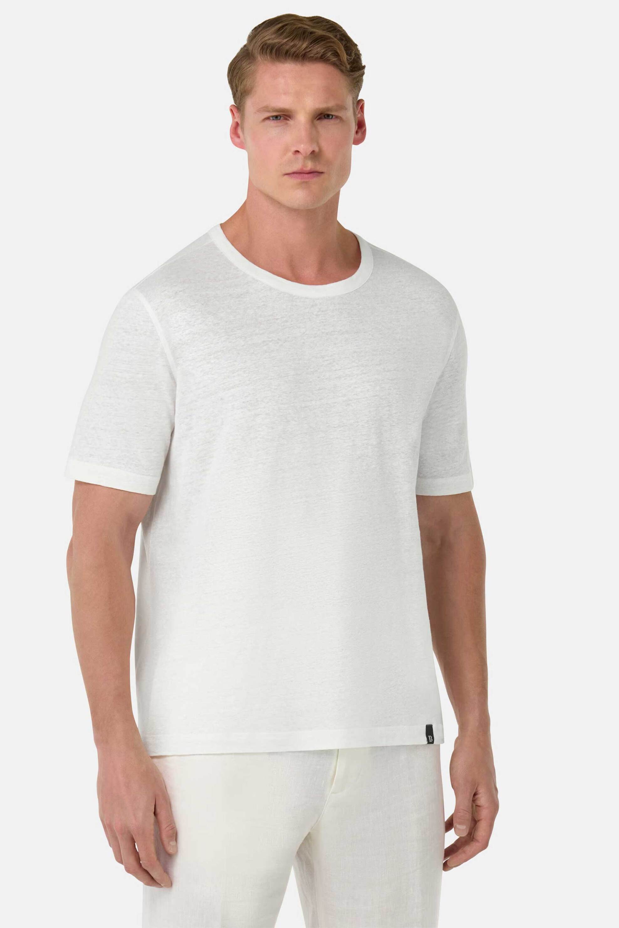Boggi Milano ανδρικό λινό T-shirt μονόχρωμο Regular Fit - BO25P034905 Λευκό