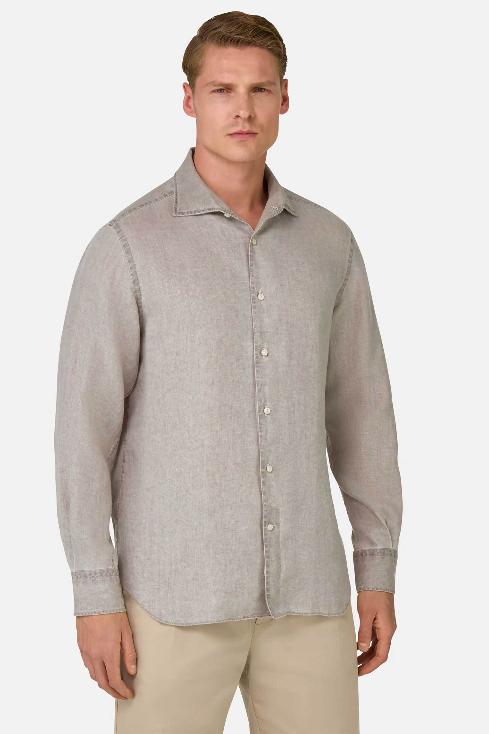 Boggi Milano ανδρικό λινό πουκάμισο Regular Fit - BO25P004703 Καφέ Ανοιχτό