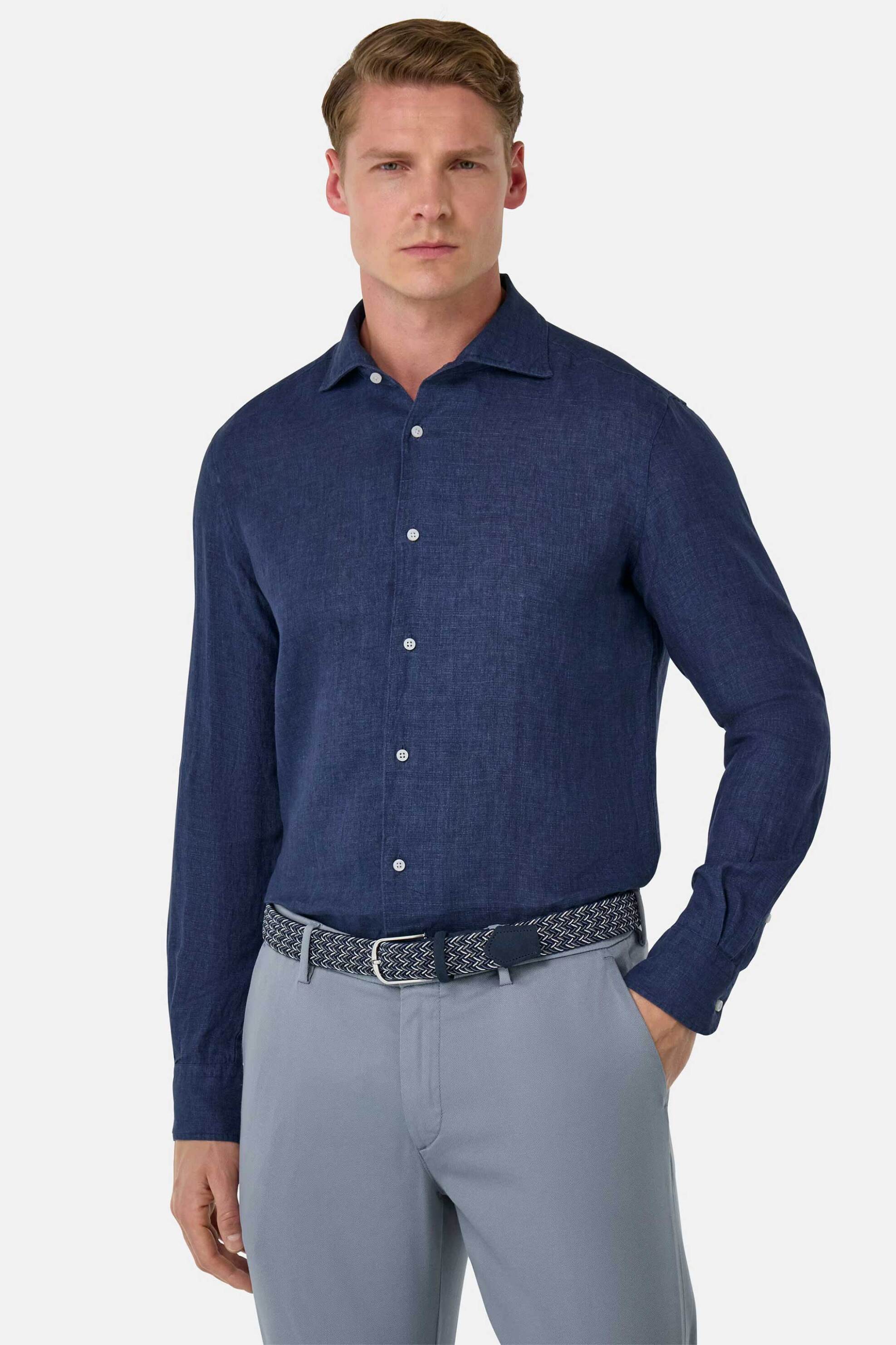 Boggi Milano ανδρικό λινό πουκάμισο Regular Fit - BO25P004704 Μπλε Σκούρο