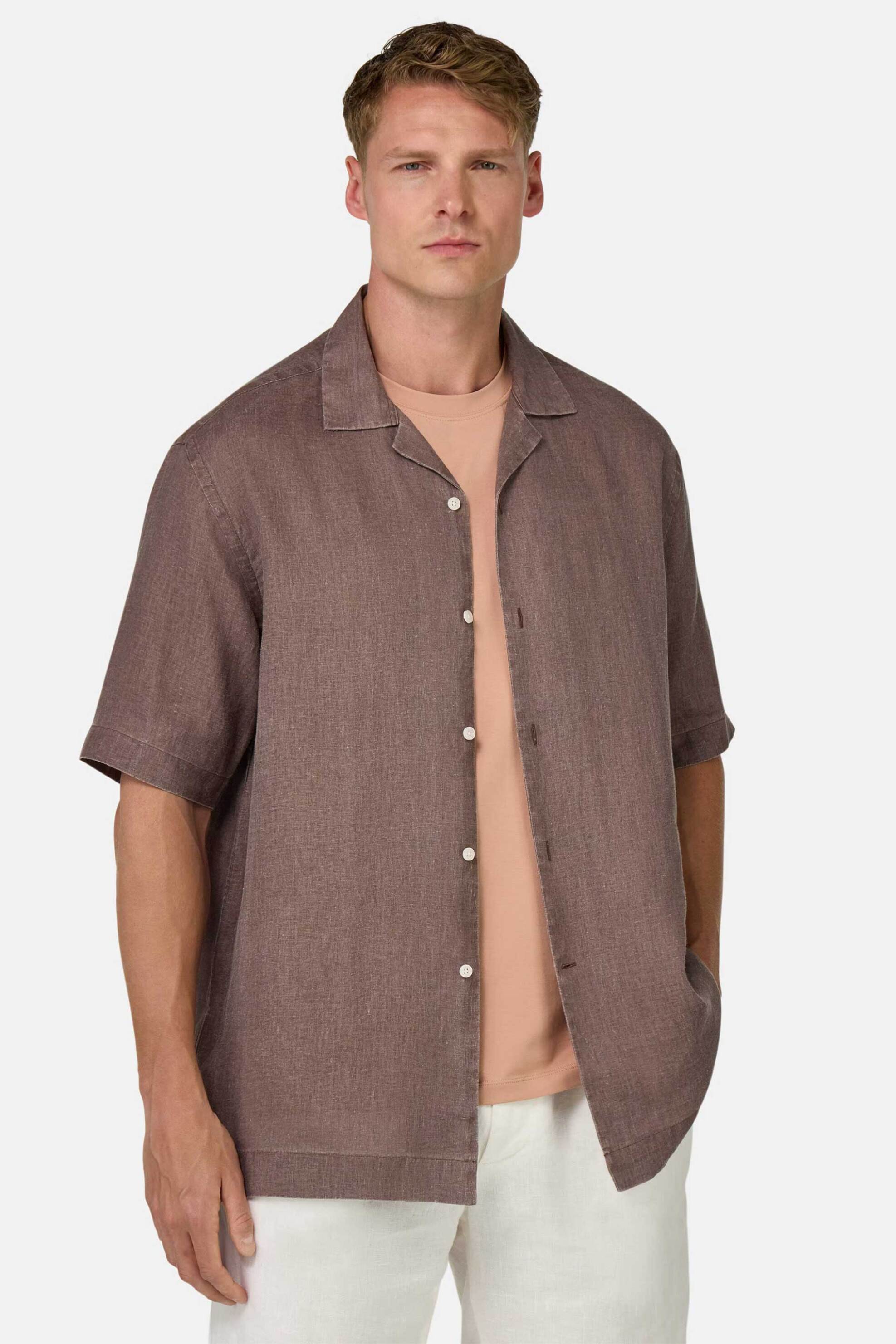 Boggi Milano ανδρικό λινό πουκάμισο Regular Fit - BO25P064304 Καφέ Ανοιχτό