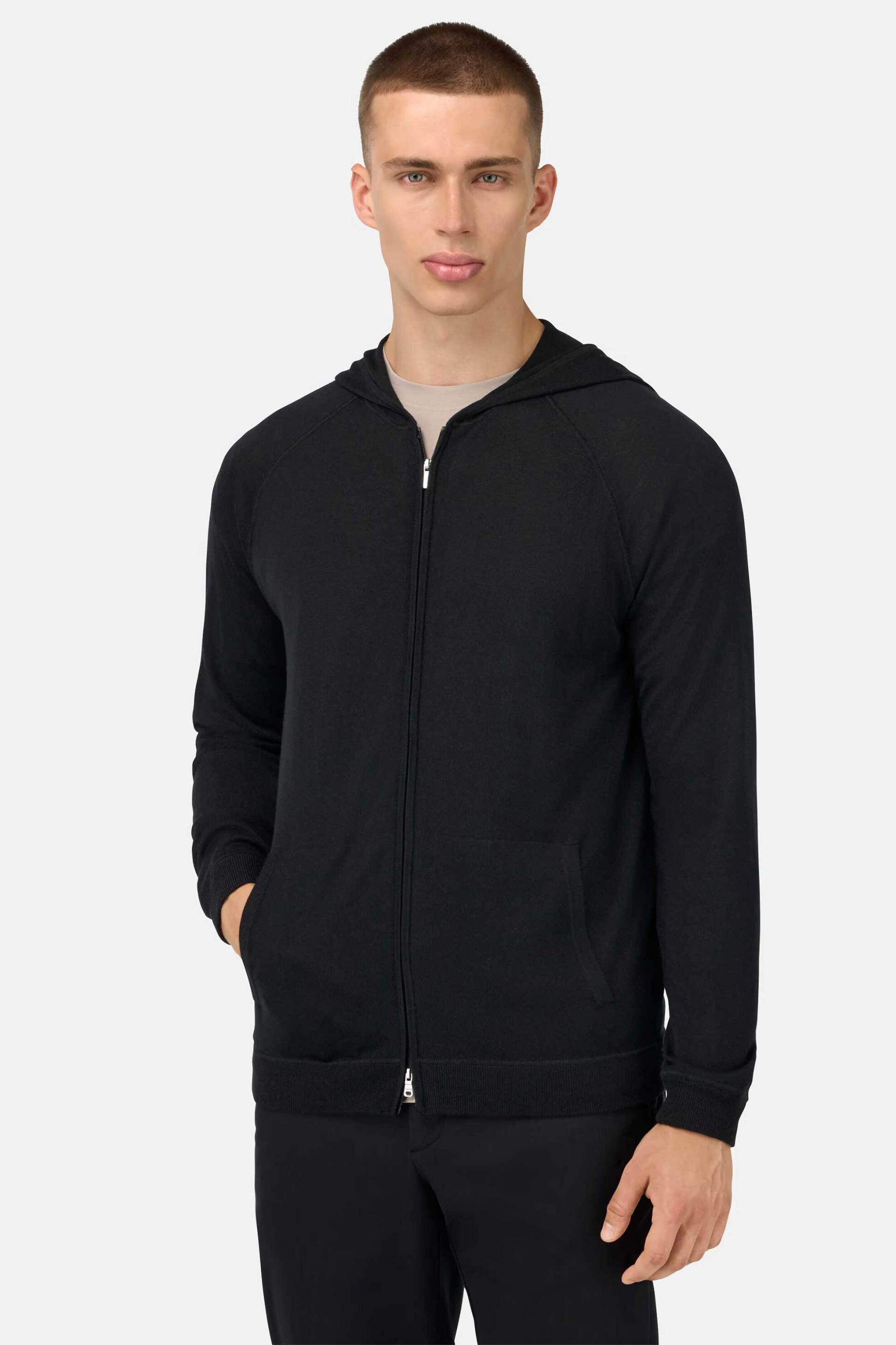 Boggi Milano ανδρική μάλλινη ζακέτα φούτερ μονόχρωμη Regular Fit - BO25A035704 Μαύρο