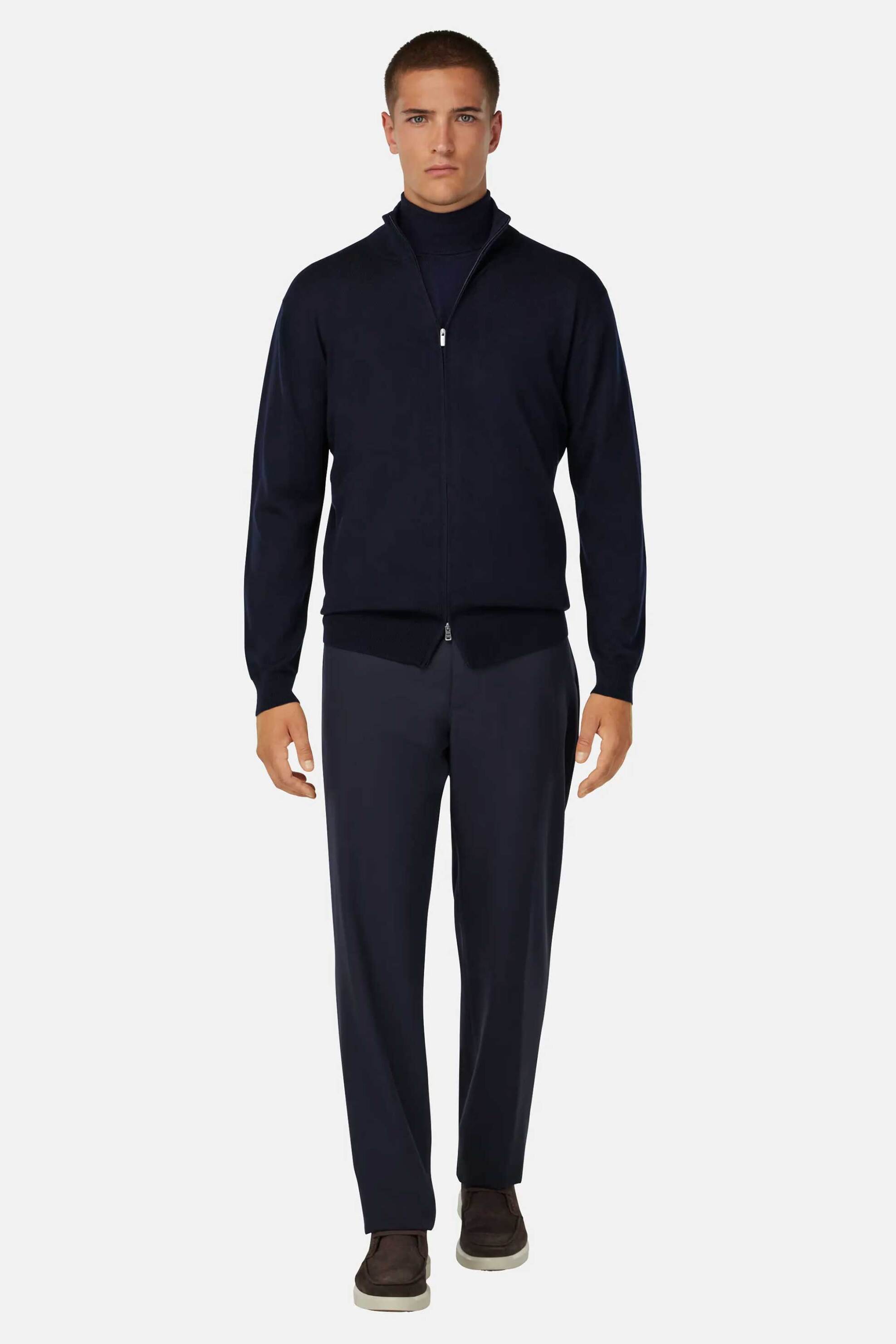 Boggi Milano ανδρική μάλλινη πλεκτή ζακέτα μονόχρωμη - BO25A038601 Μπλε Σκούρο