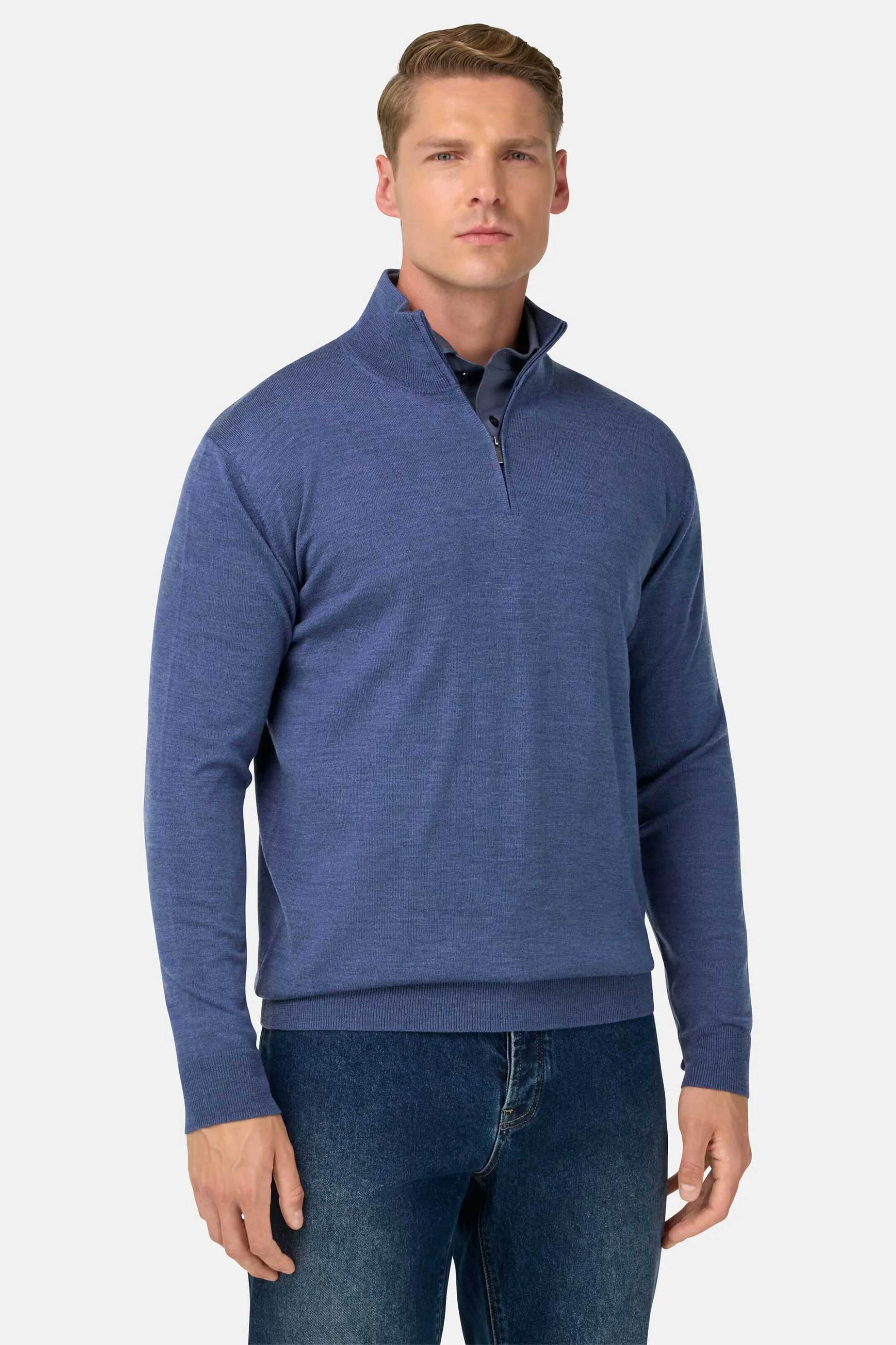 Boggi Milano ανδρική μάλλινη πλεκτή μπλούζα μονόχρωμη - BO25A038906 Μπλε