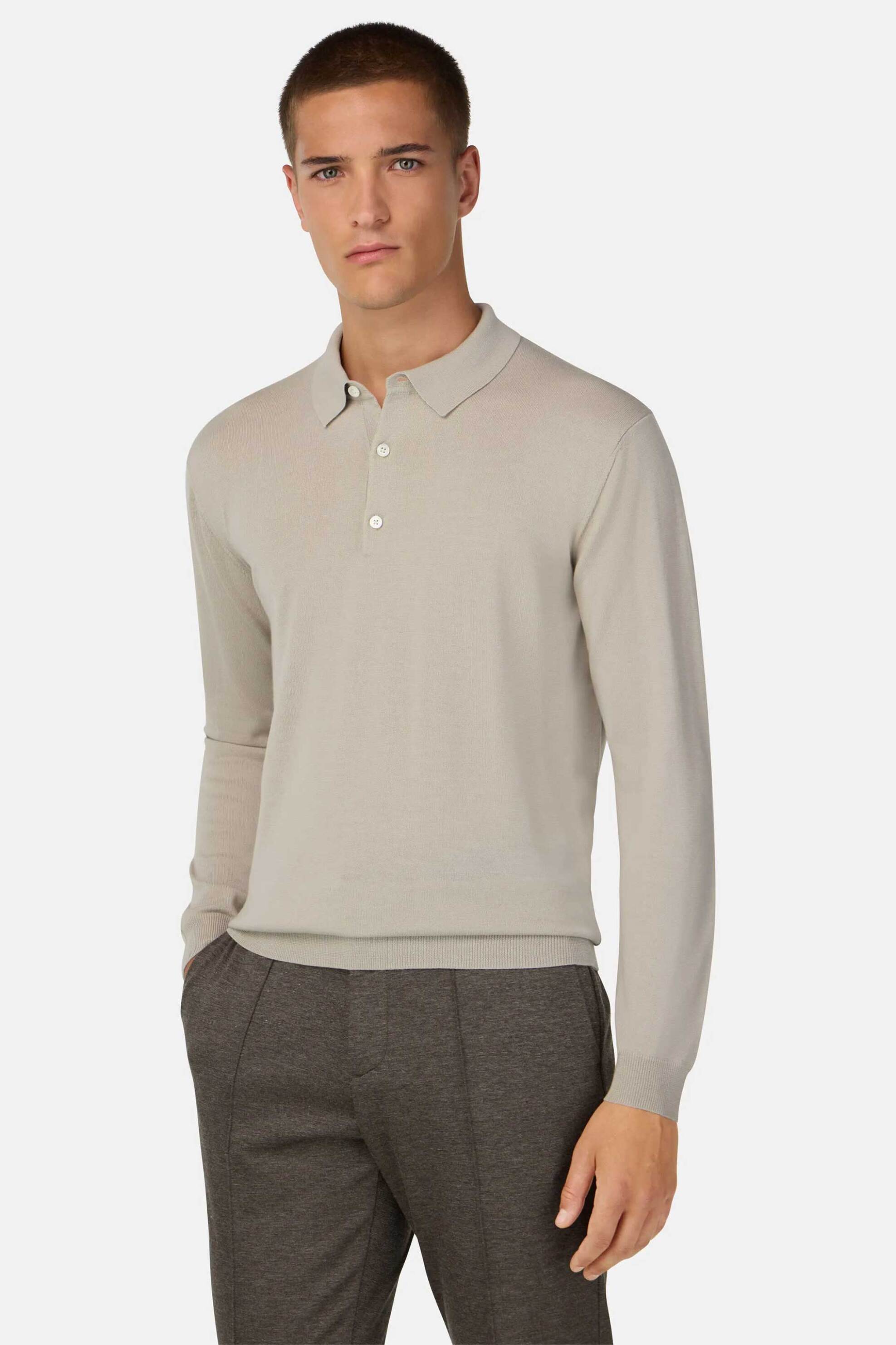 Boggi Milano ανδρική πλεκτή μπλούζα πόλο μονόχρωμη Regular Fit - BO25A039007 Μπεζ