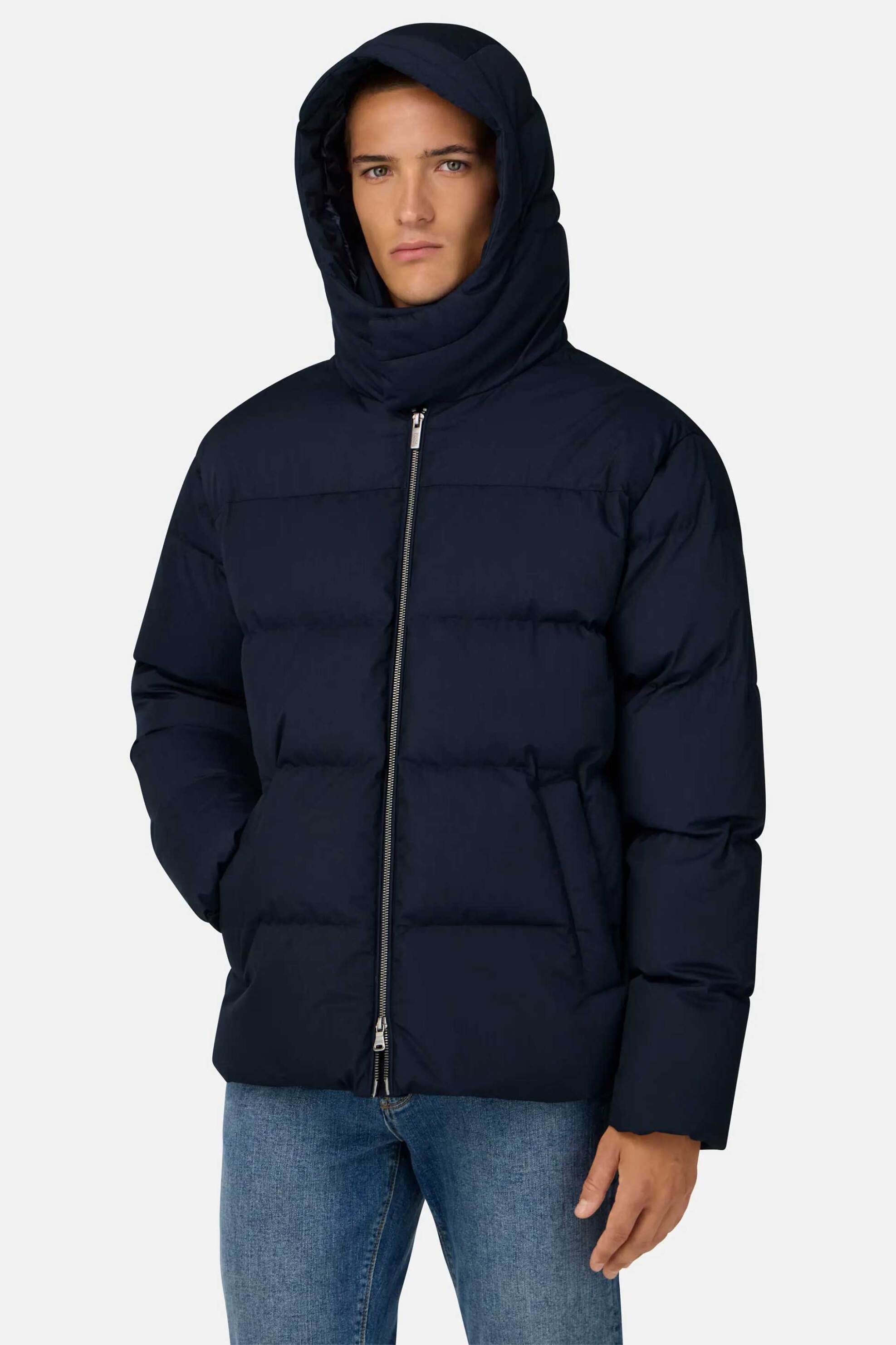 Boggi Milano ανδρικό μπουφάν μονόχρωμο με καπιτονέ σχέδιο και κουκούλα - BO25A012004 Μπλε Σκούρο