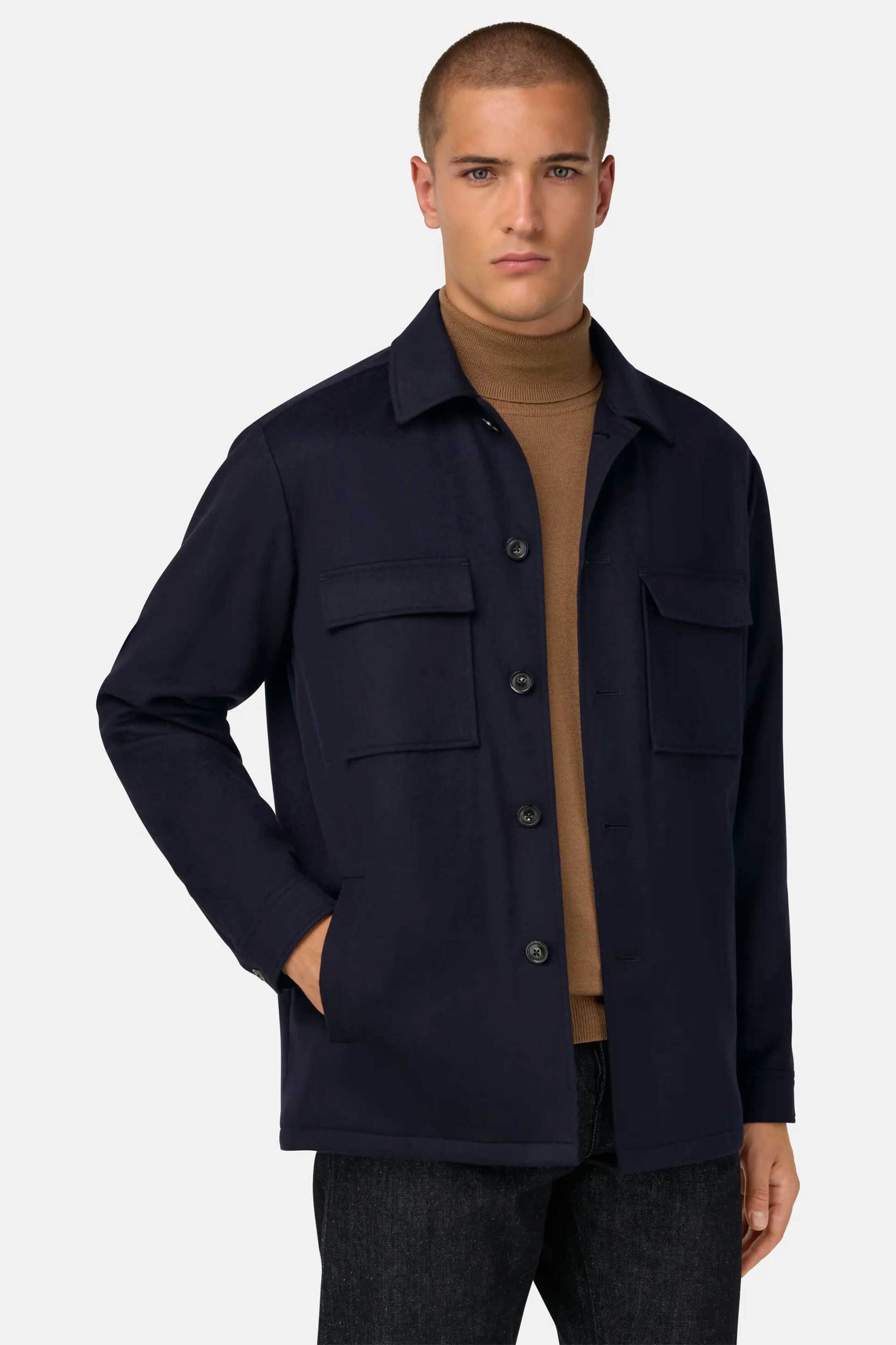 Boggi Milano ανδρικό overshirt με κασμίρι μονόχρωμο - BO25A029705 Μπλε Σκούρο