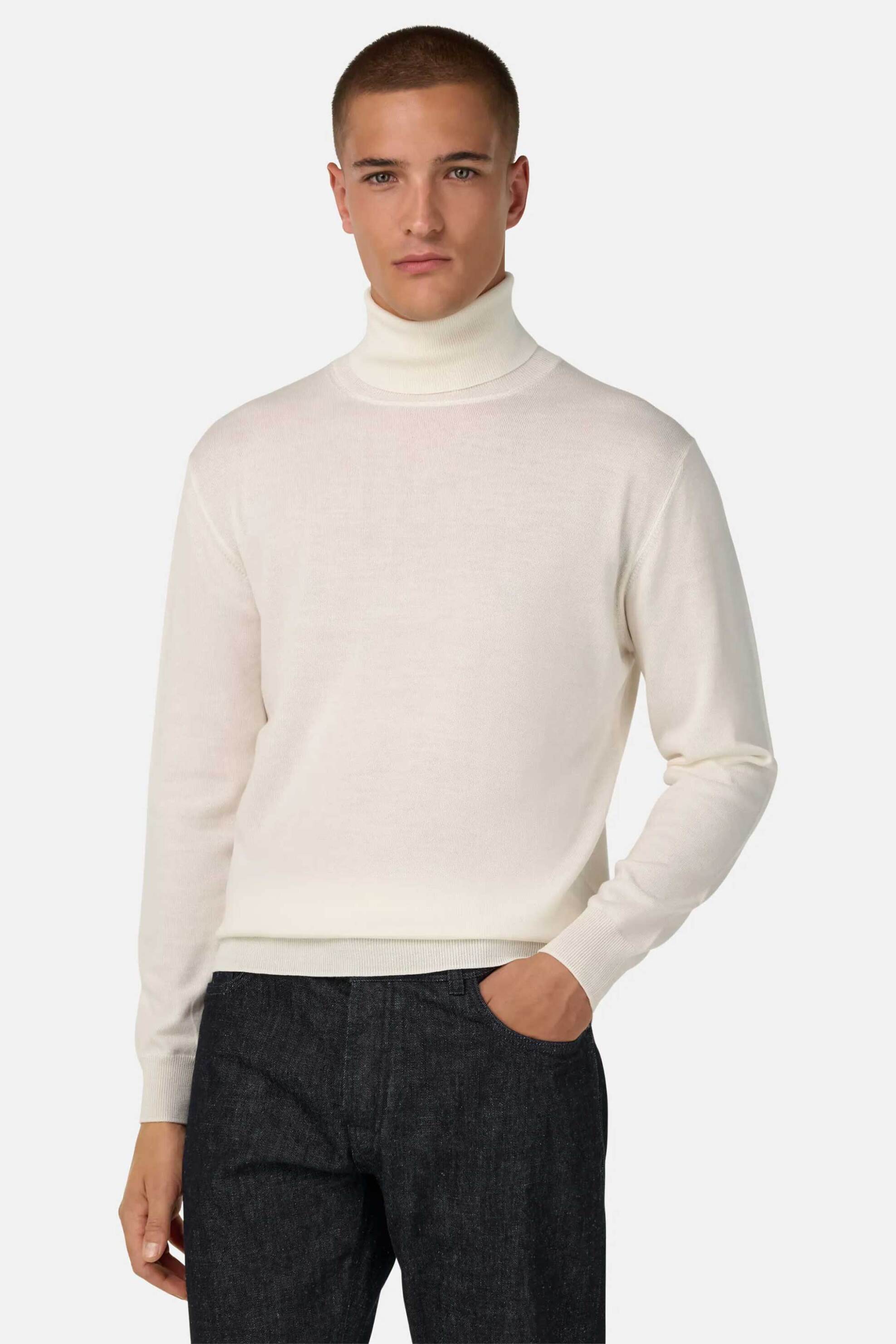 Boggi Milano ανδρική μάλλινη μπλούζα ζιβάγκο μονόχρωμη Regular Fit - BO25A035802 Λευκό