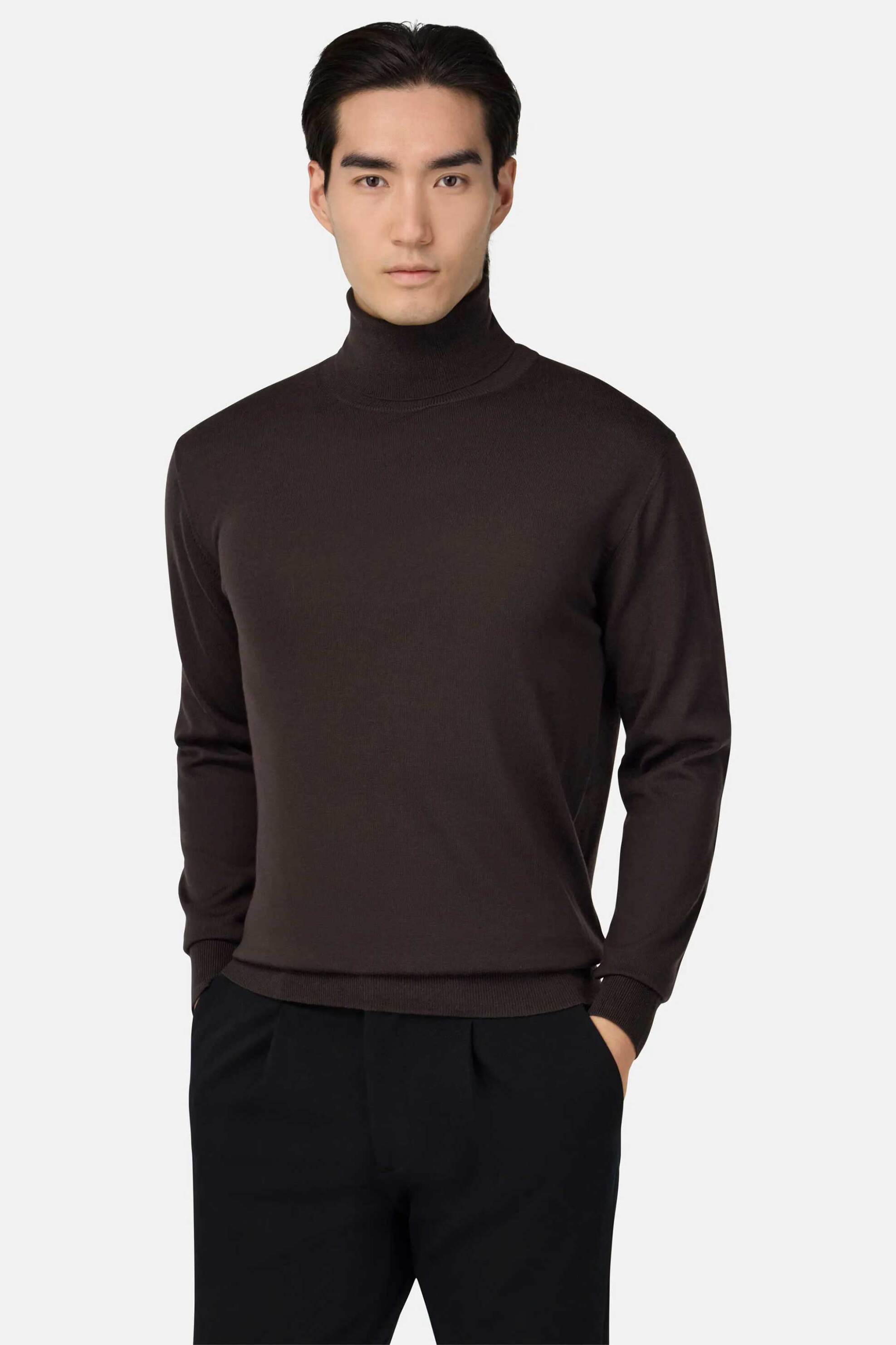 Boggi Milano ανδρική μάλλινη μπλούζα ζιβάγκο μονόχρωμη Regular Fit - BO25A035809 Καφέ