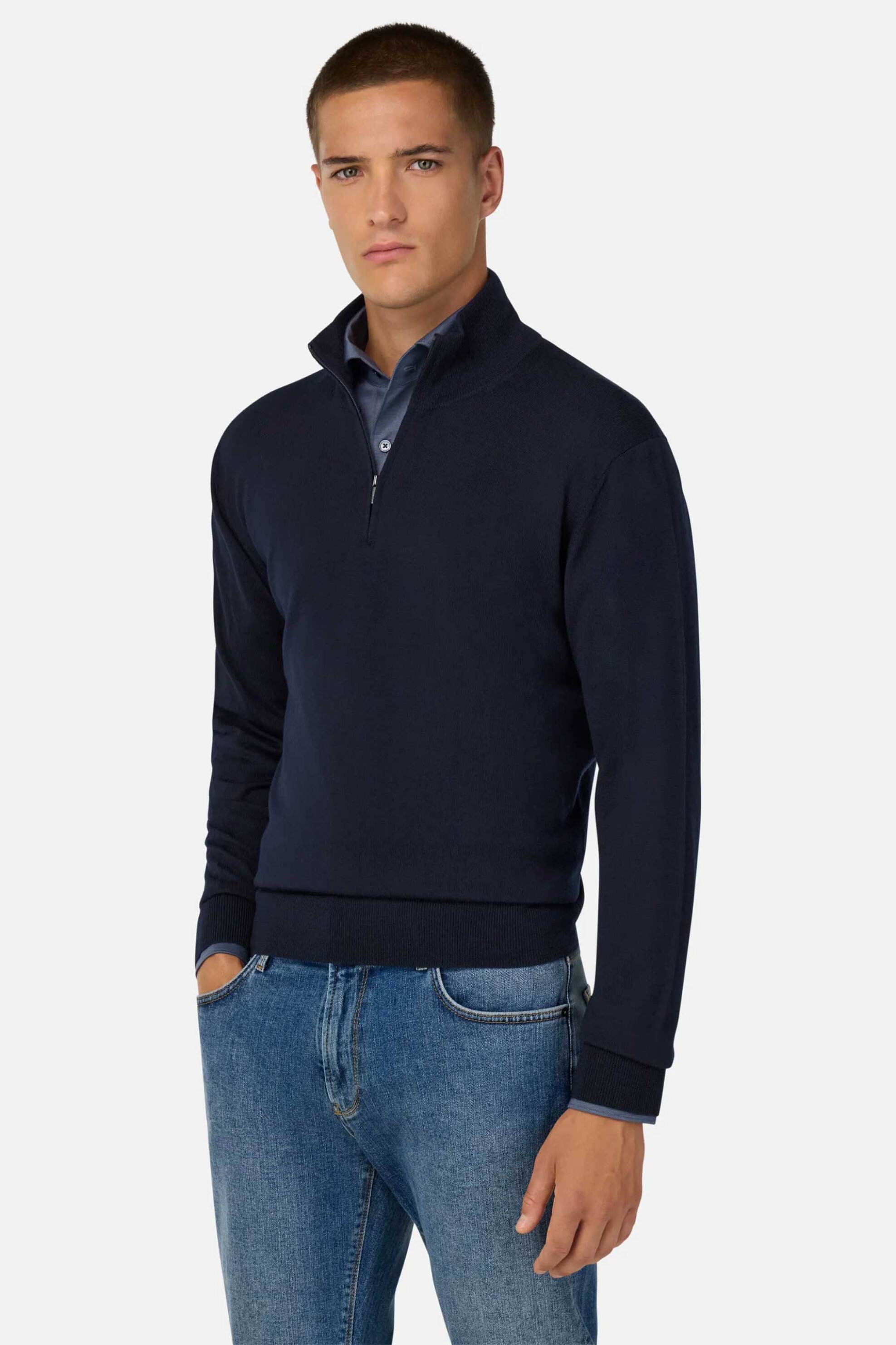 Boggi Milano ανδρική πλεκτή μπλούζα με half zip Regular Fit - BO25A038901 Μπλε Σκούρο