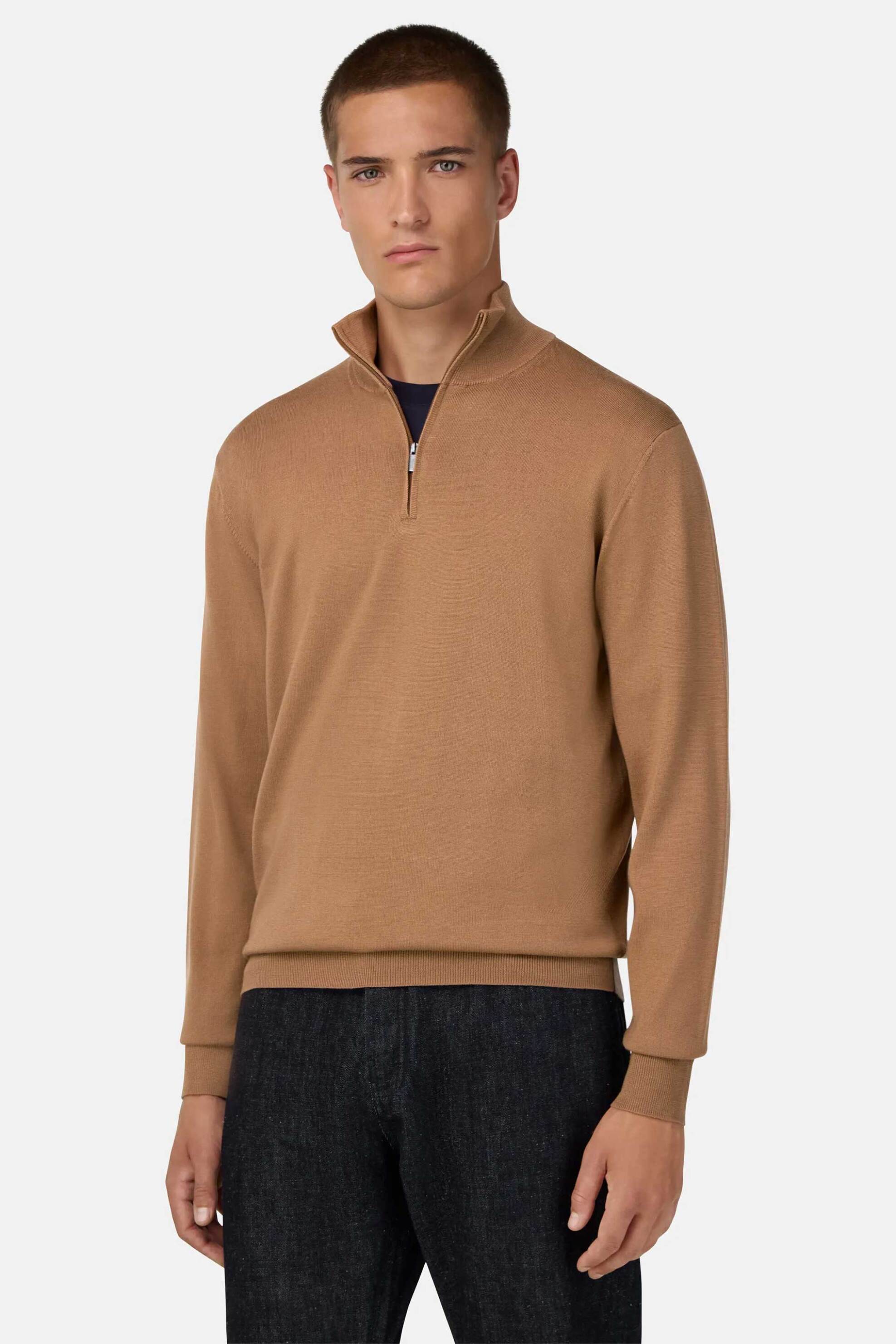 Boggi Milano ανδρική πλεκτή μπλούζα με half zip Regular Fit - BO25A038904 Καφέ