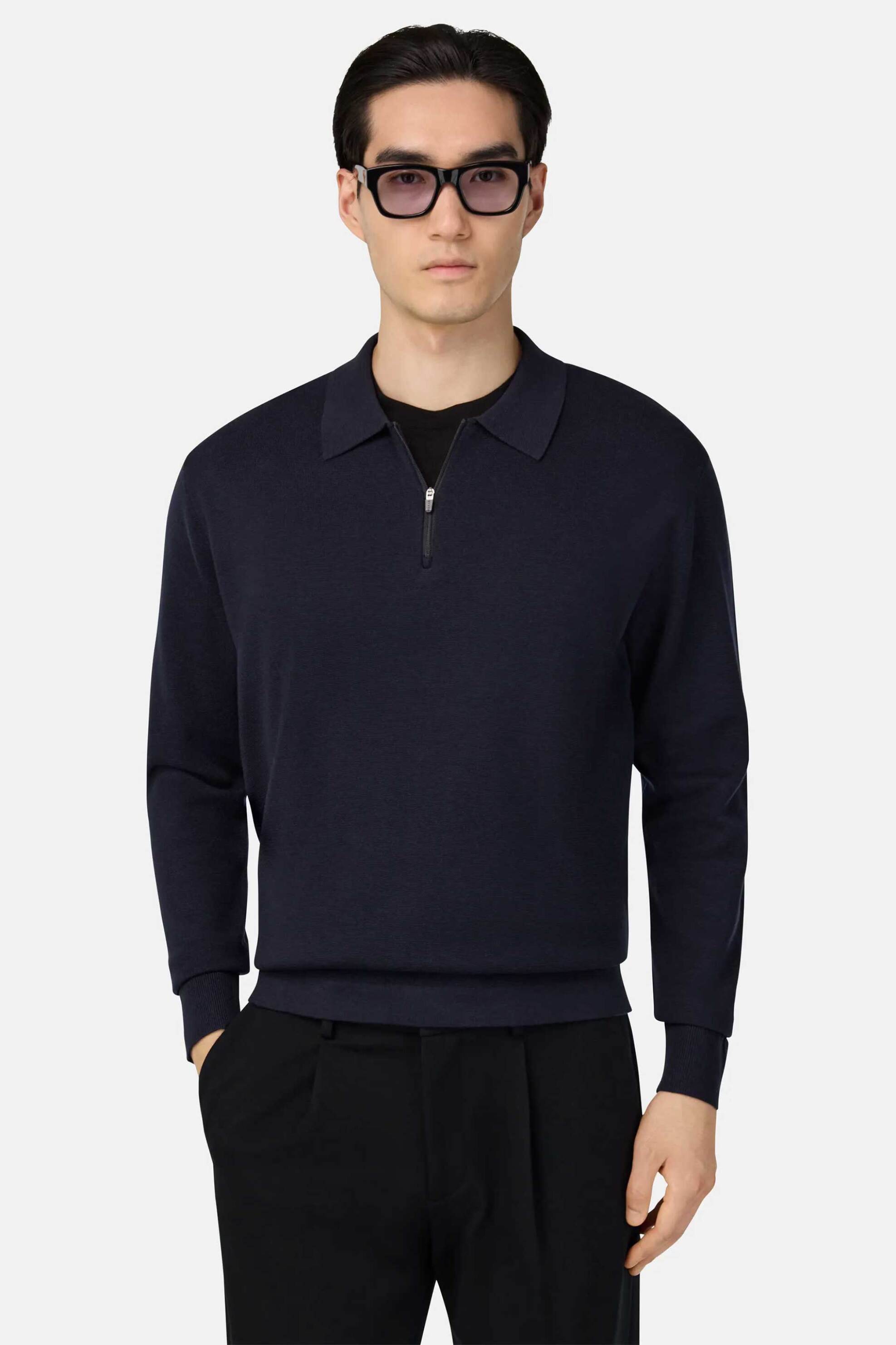 Boggi Milano ανδρική μάλλινη μπλούζα πόλο με φεμρουάρ 1/2 Regular Fit - BO25A041901 Μπλε Σκούρο