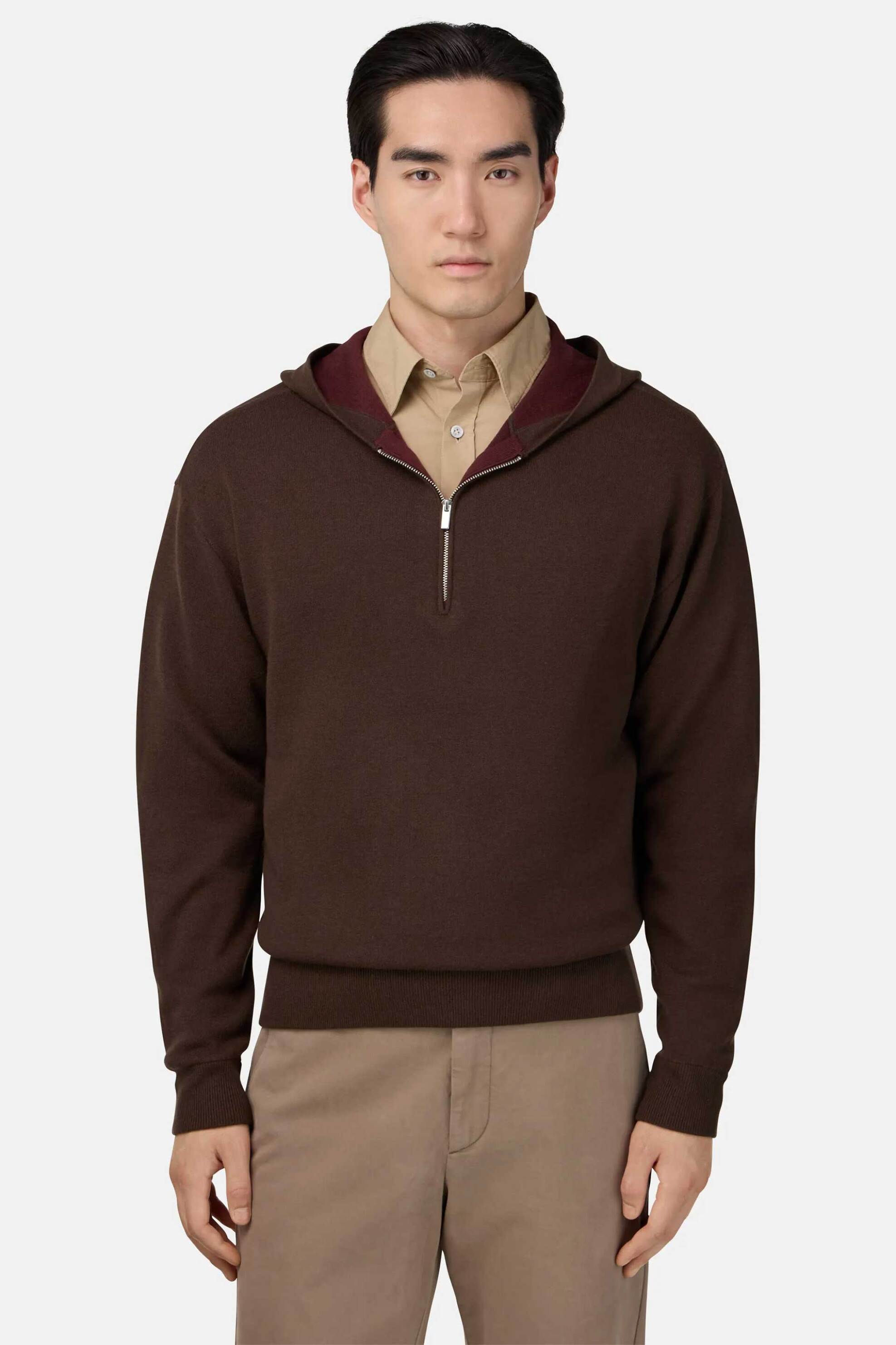 Boggi Milano ανδρική μπλούζα φούτερ με κουκούλα και φερμουάρ Relaxed Fit - BO25A045502 Καφέ