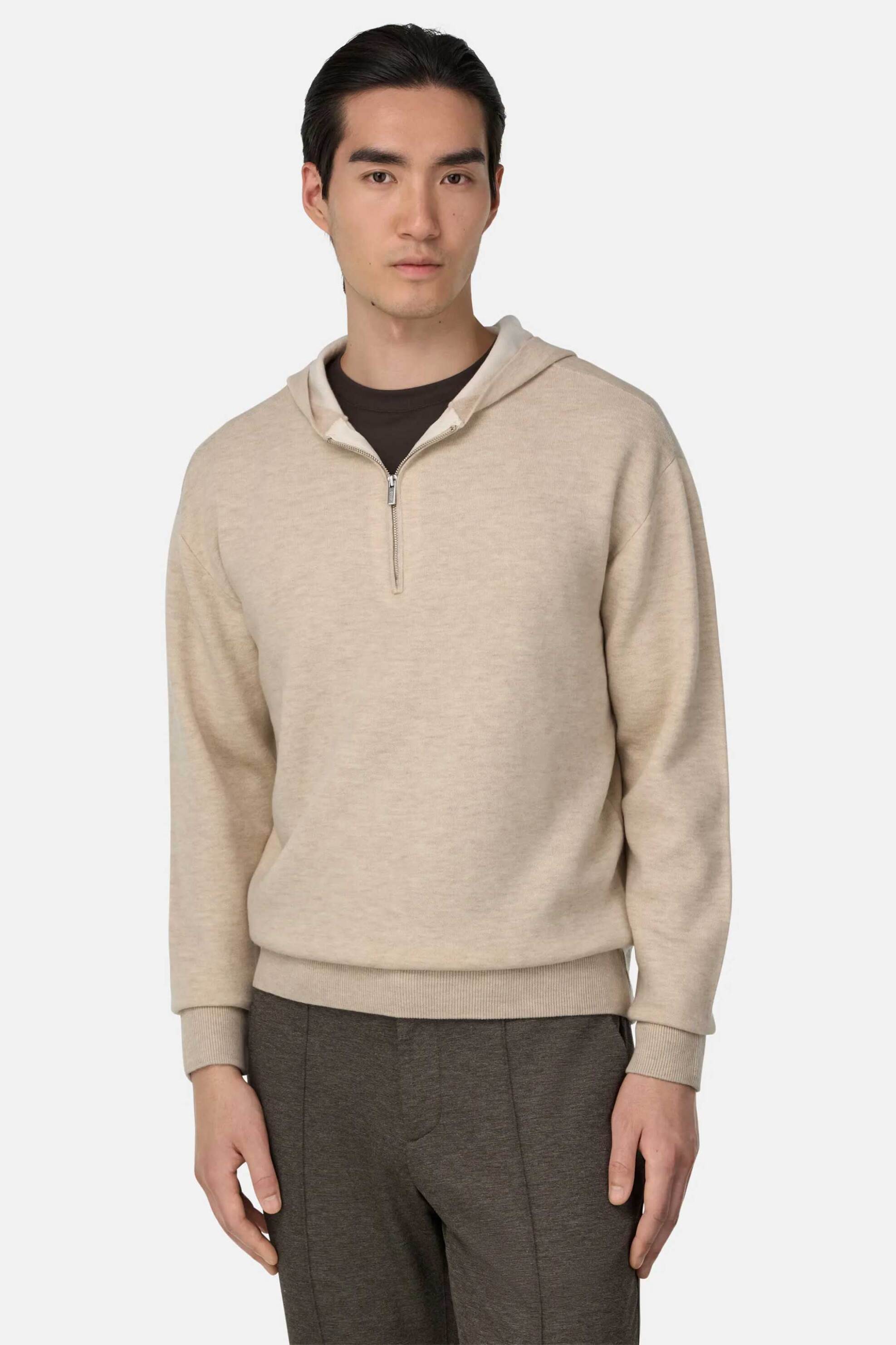 Boggi Milano ανδρική μπλούζα φούτερ με κουκούλα και φερμουάρ Relaxed Fit - BO25A045503 Μπεζ