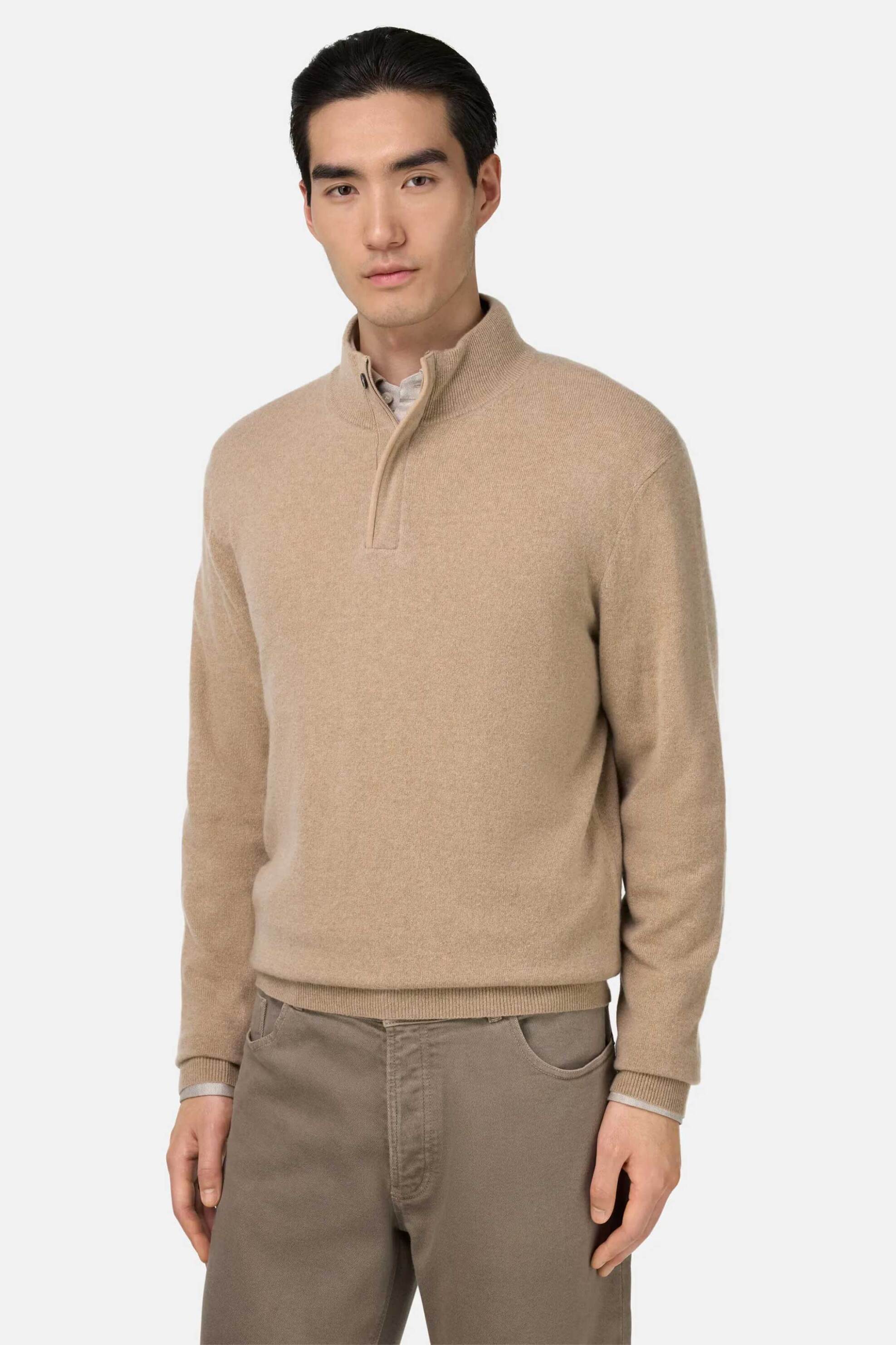 Boggi Milano ανδρική πλεκτή μπλούζα με half zip Regular Fit - BO25A064703 Μπεζ