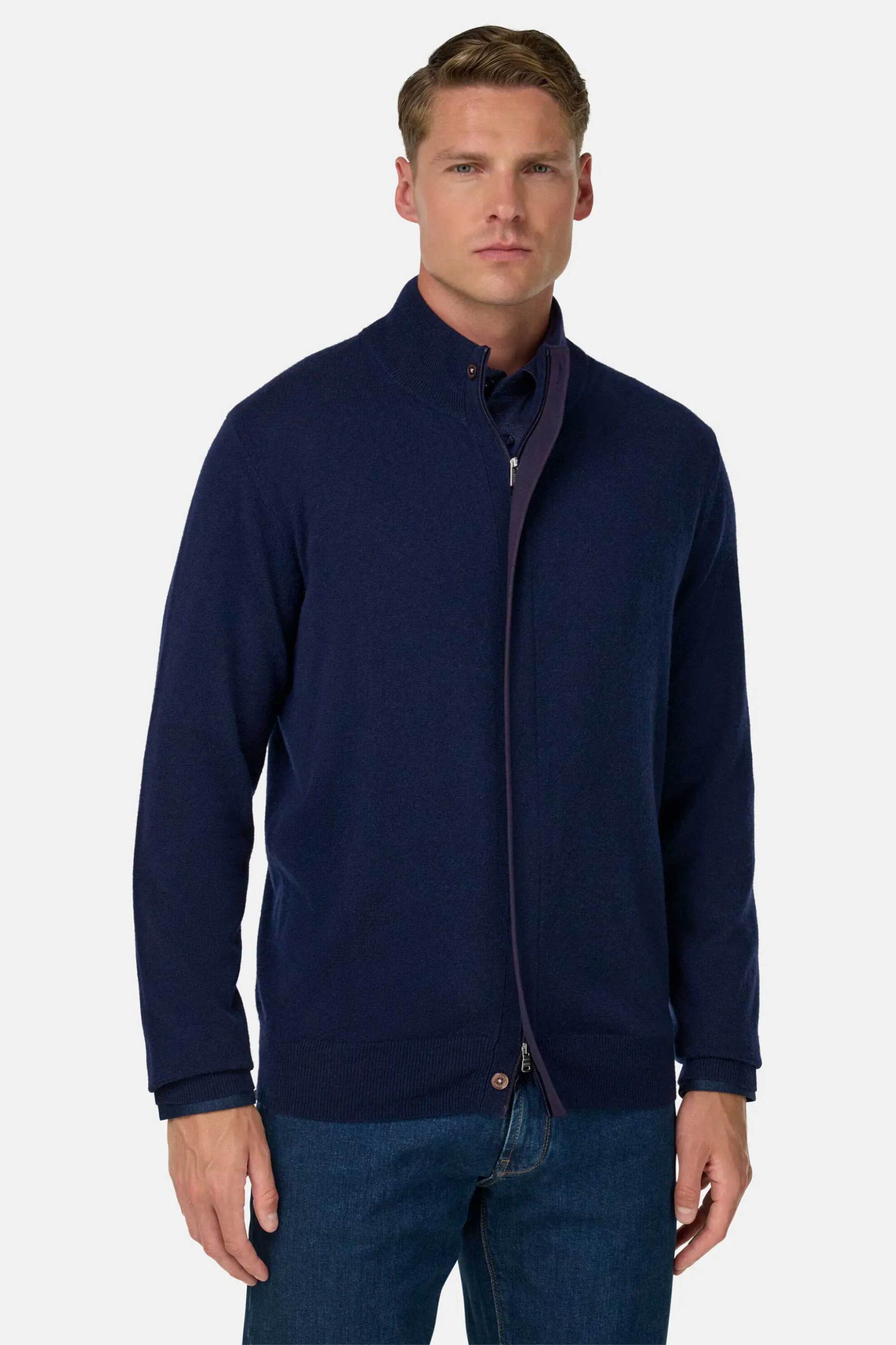 Boggi Milano ανδρική πλεκτή ζακέτα μονόχρωμη Regular Fit - BO25A078201 Μπλε Σκούρο