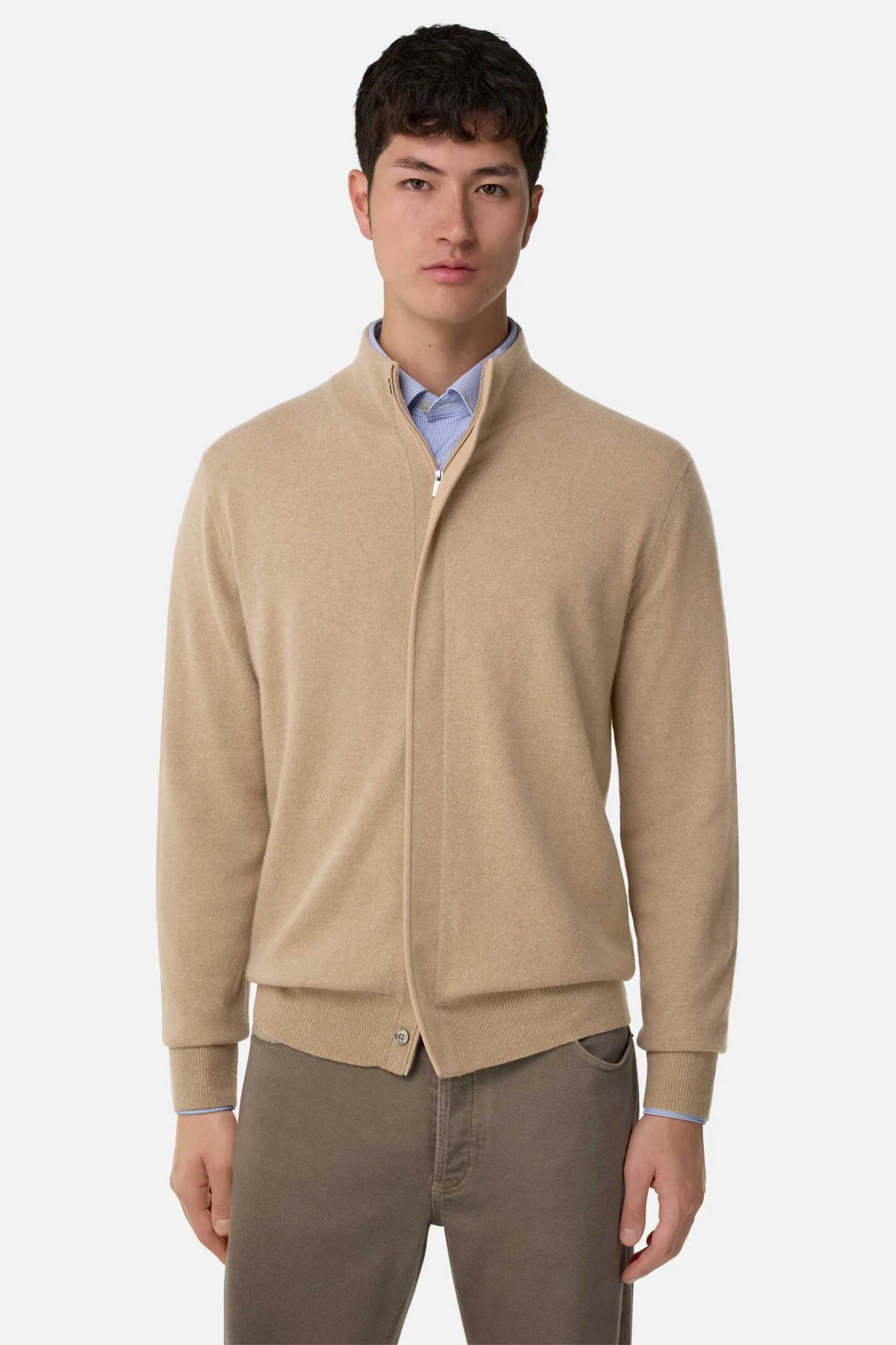 Boggi Milano ανδρική πλεκτή ζακέτα μονόχρωμη Regular Fit - BO25A078202 Μπεζ